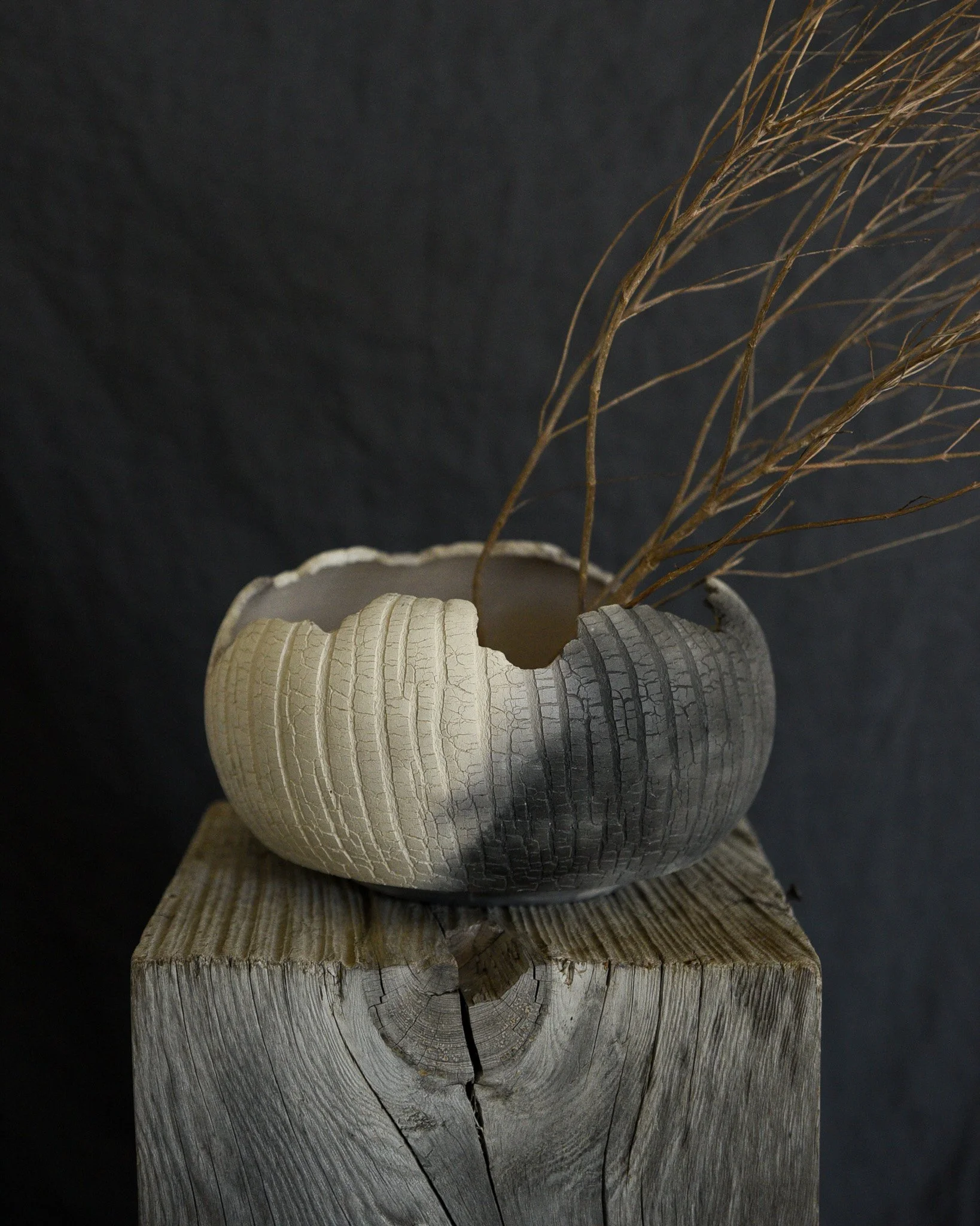One-of-a-kind handmade ceramic vessel, contemporary wabi sabi with organic form and textured surface variation pit fired sodium silicate