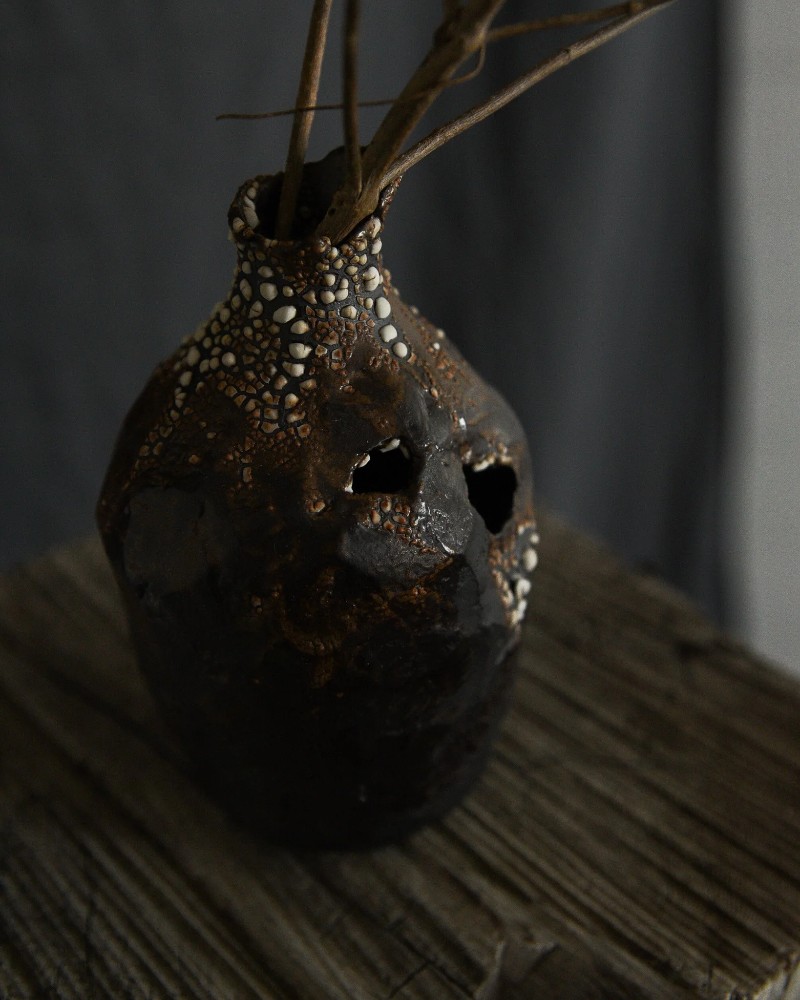One-of-a-kind handmade ceramic vessel, contemporary wabi sabi with organic form and textured surface variation black