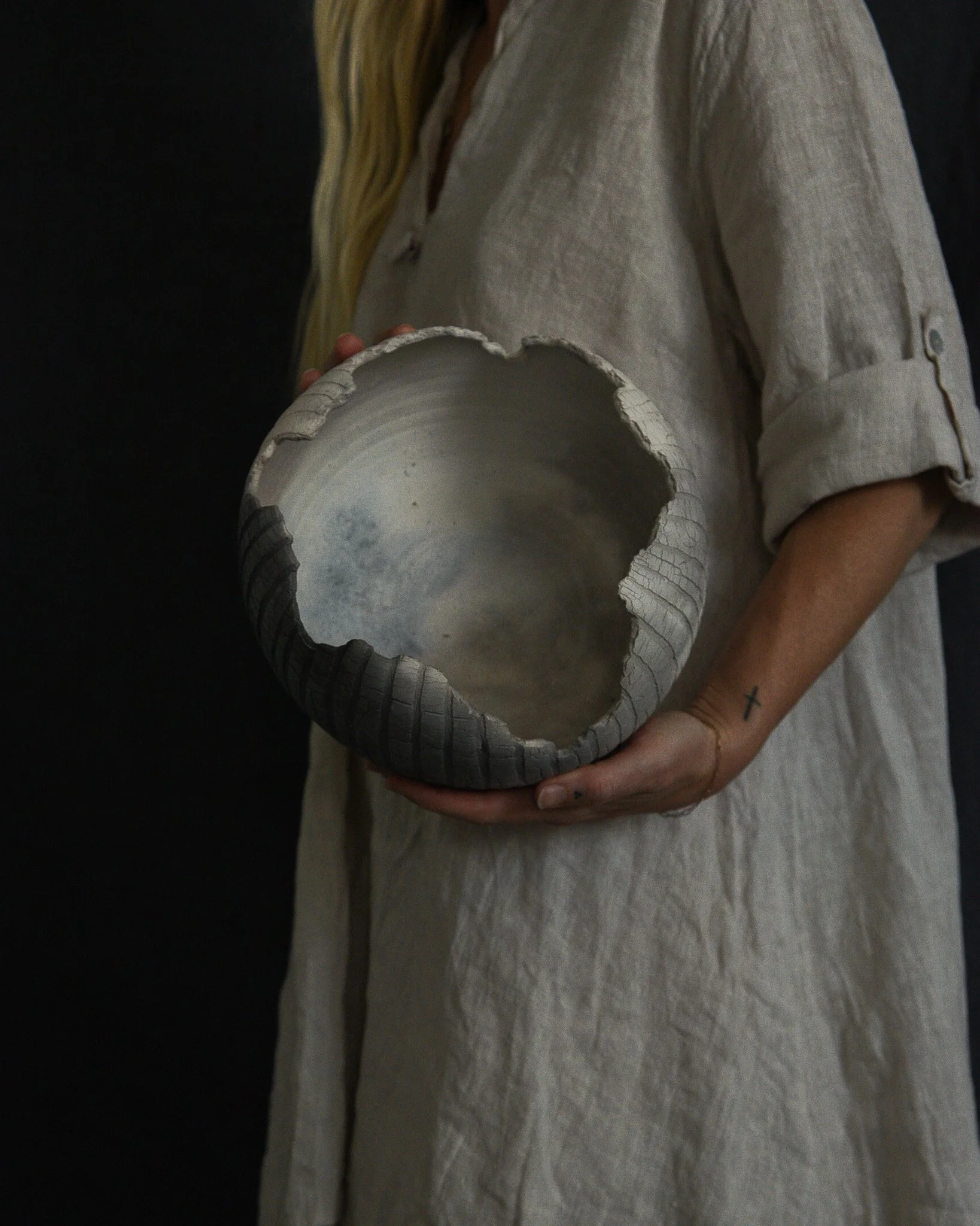 One-of-a-kind handmade ceramic vessel, contemporary wabi sabi with organic form and textured surface variation pit fired sodium silicate
