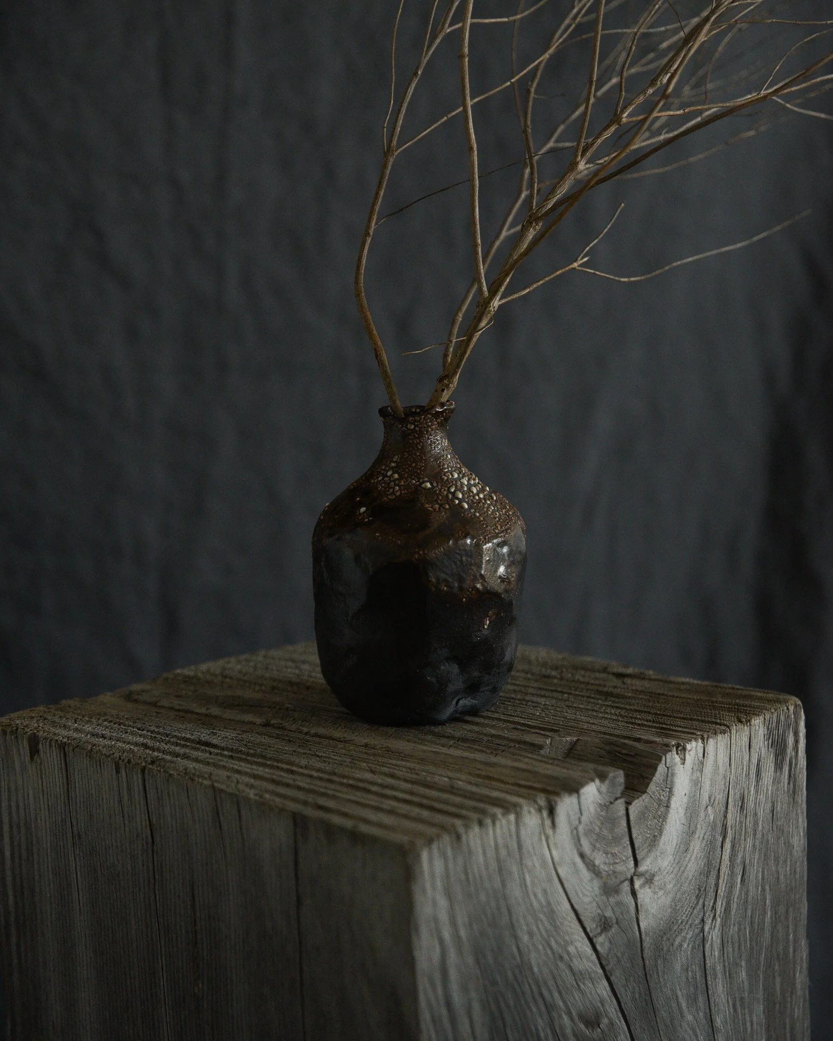 One-of-a-kind handmade ceramic vessel, contemporary wabi sabi with organic form and textured surface variation black