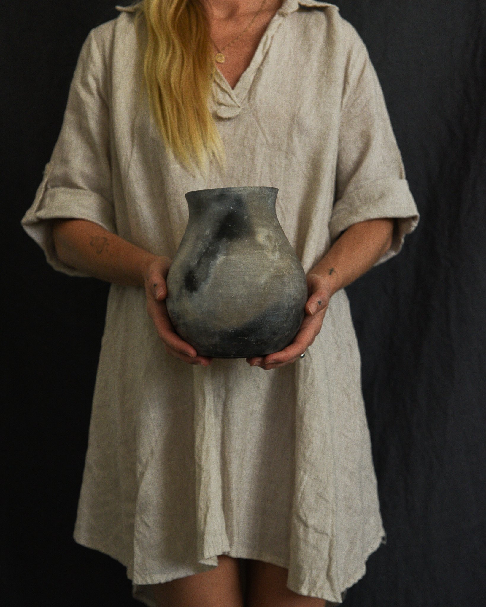 One-of-a-kind handmade ceramic vessel, contemporary wabi sabi with organic form and textured surface variation pit fired