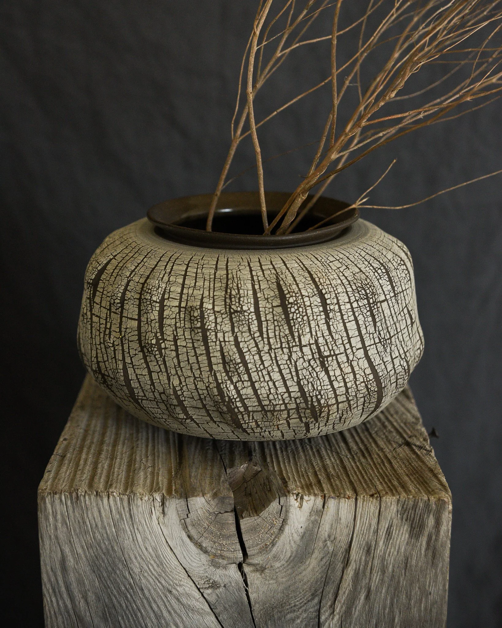 One-of-a-kind handmade ceramic vessel, contemporary wabi sabi with organic form and textured surface variation sodium silicate