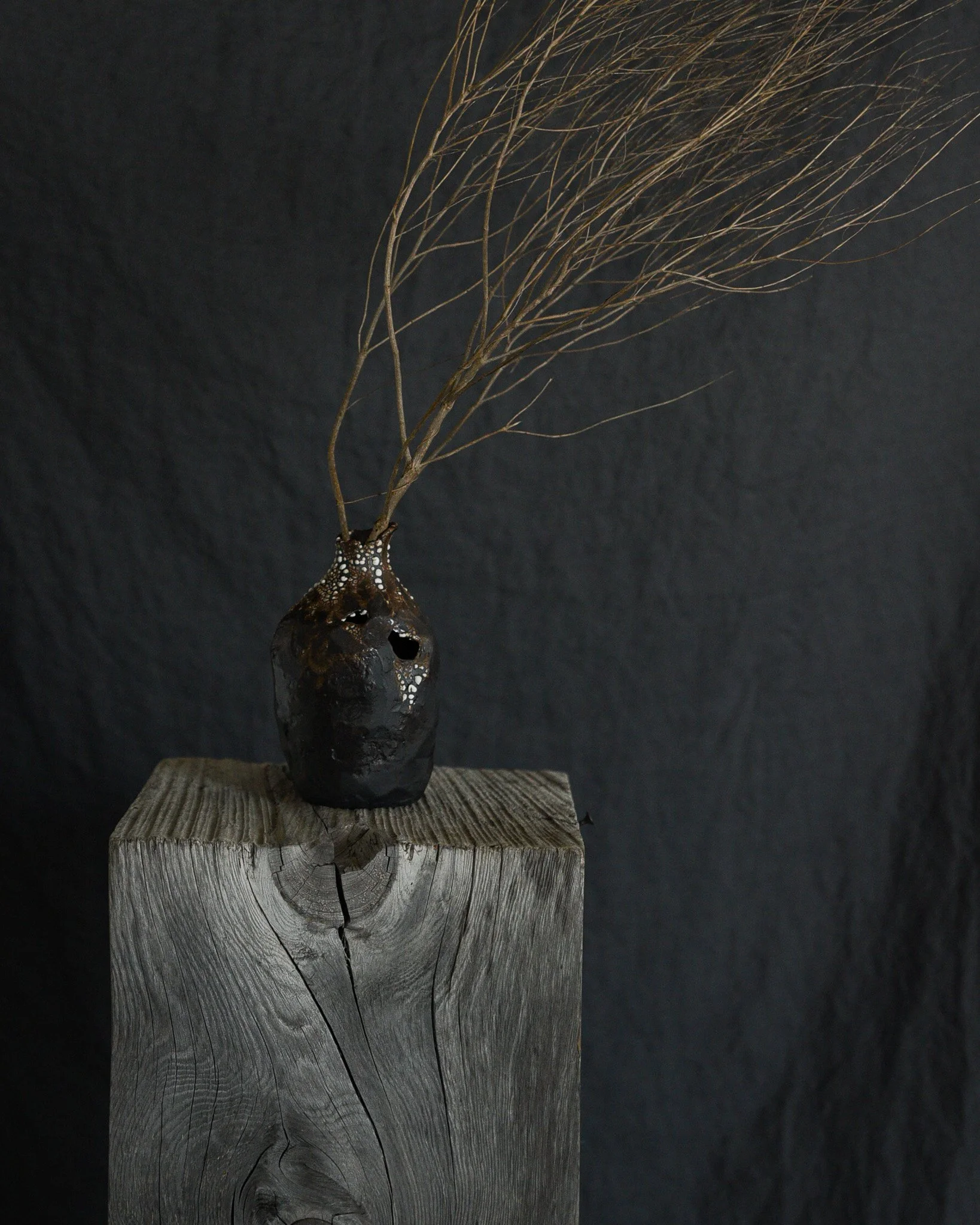 One-of-a-kind handmade ceramic vessel, contemporary wabi sabi with organic form and textured surface variation black