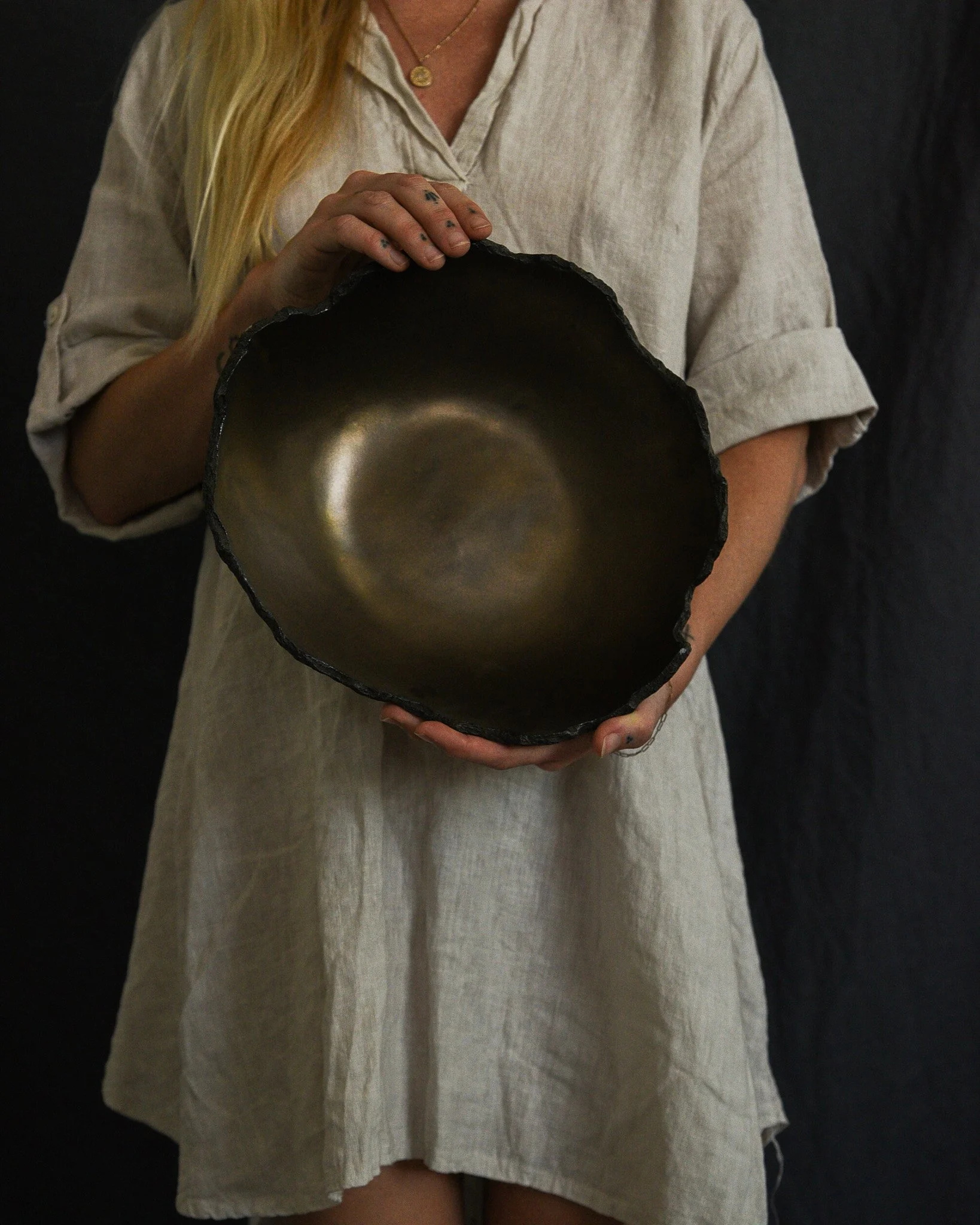 One-of-a-kind handmade ceramic vessel, contemporary wabi sabi with organic form and textured surface variation black bronze dish