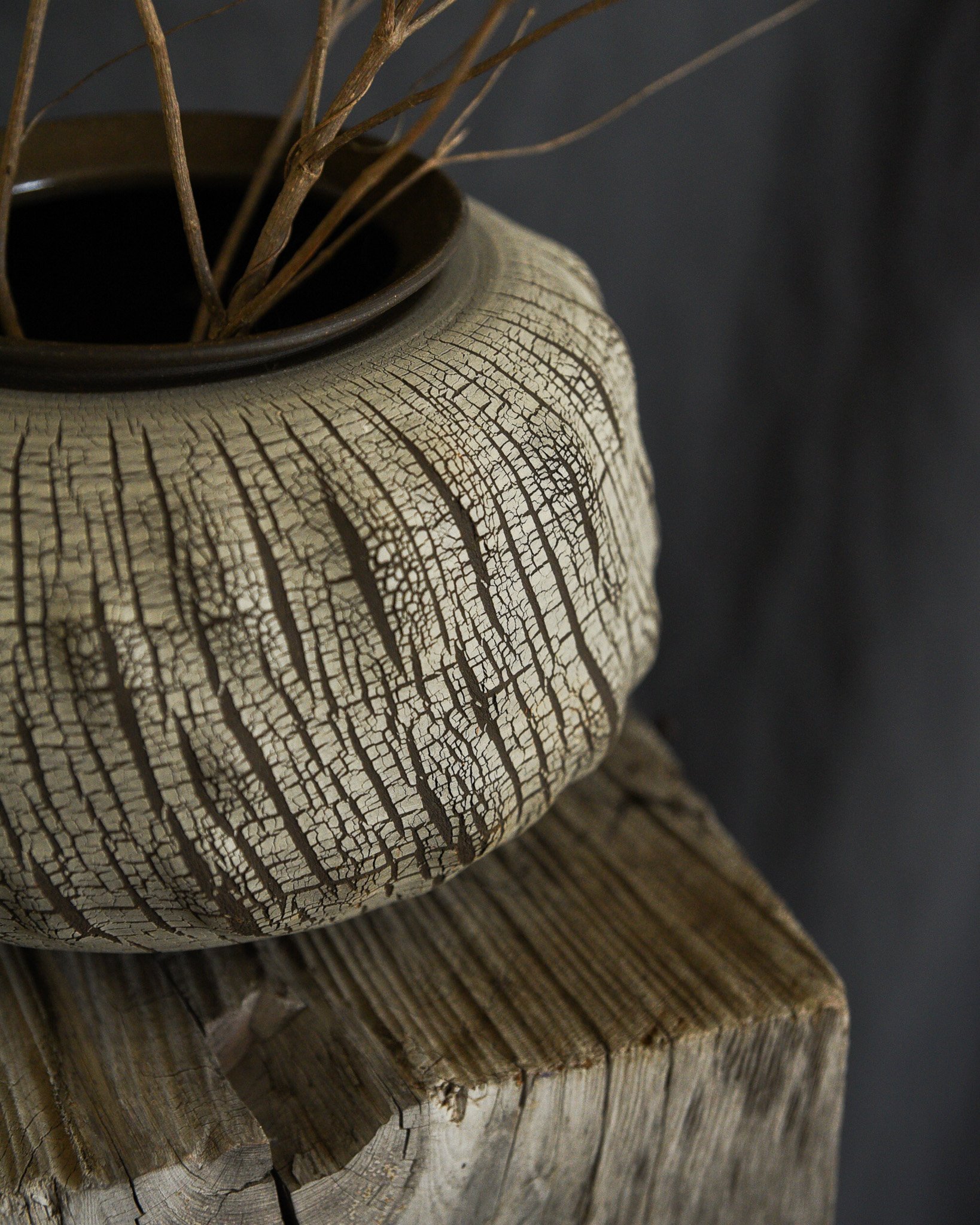 One-of-a-kind handmade ceramic vessel, contemporary wabi sabi with organic form and textured surface variation sodium silicate