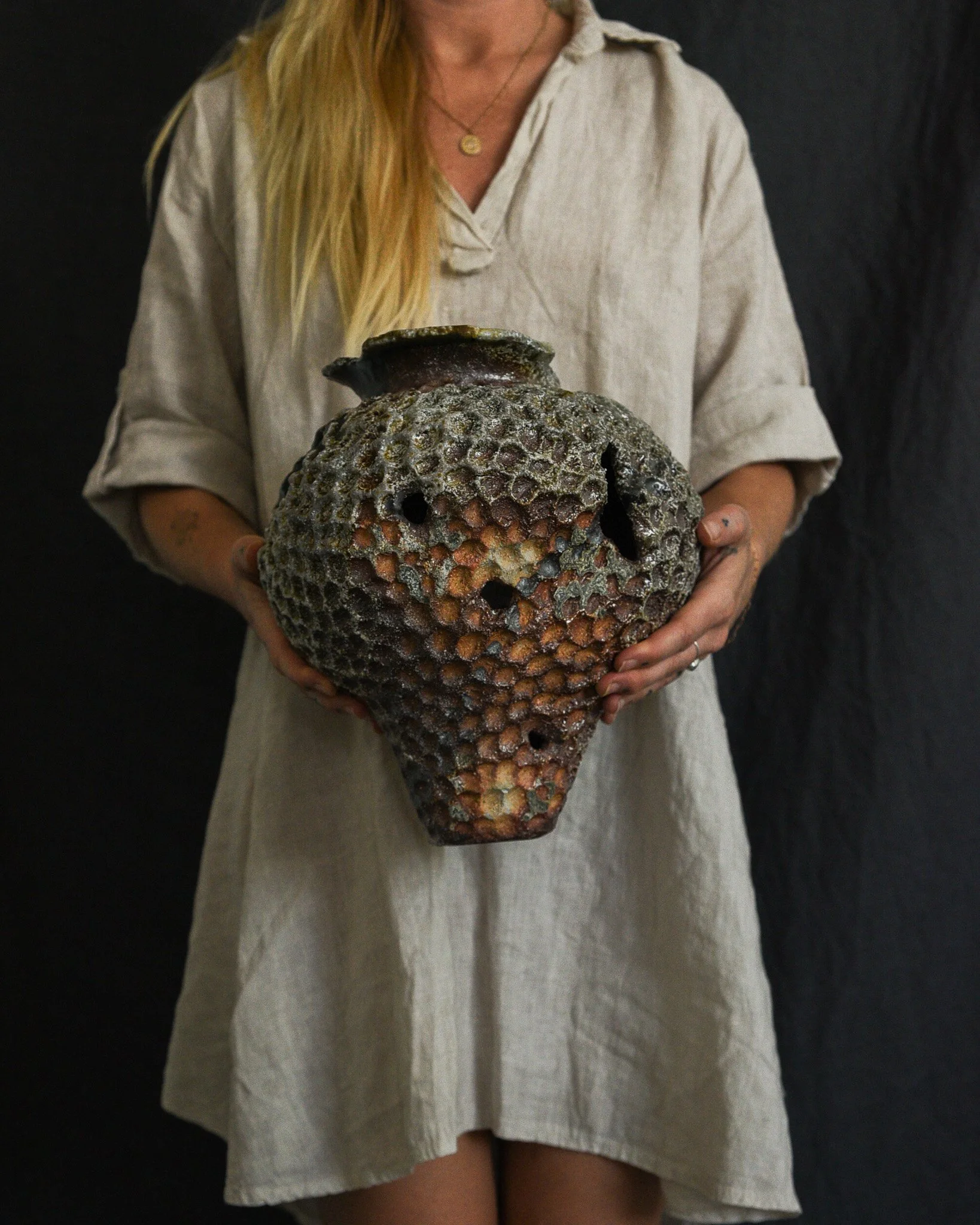 One-of-a-kind handmade ceramic vessel, contemporary wabi sabi with organic form and textured surface variation wood fired