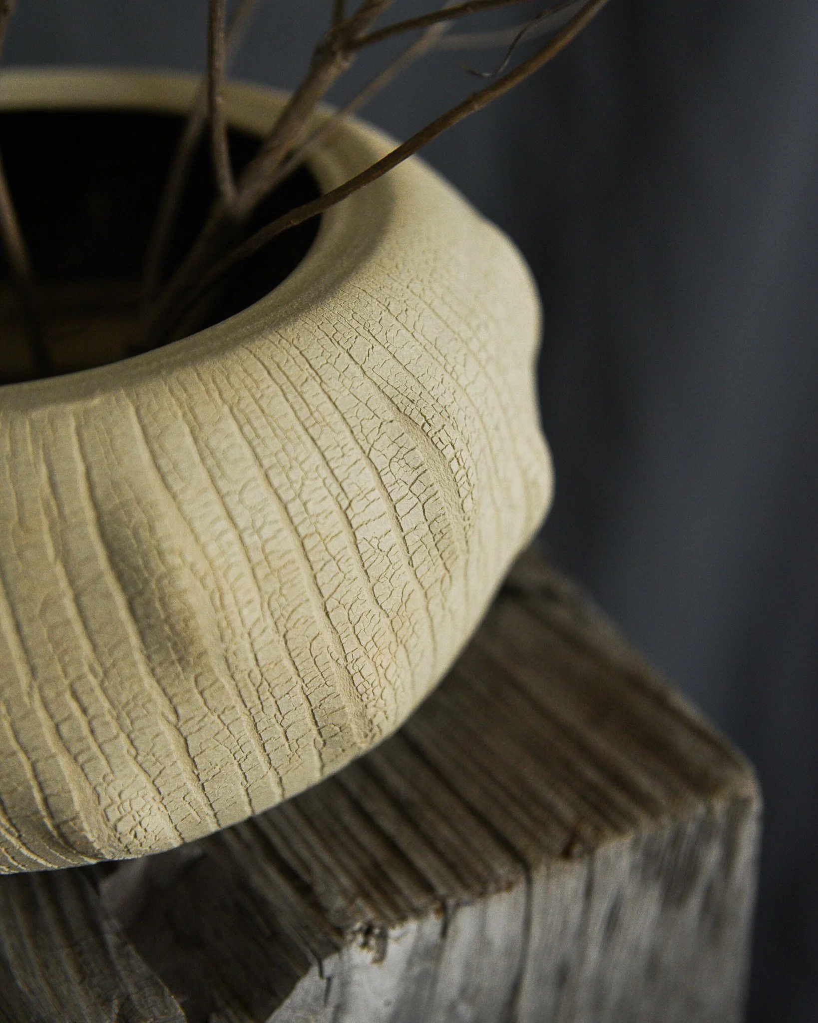 One-of-a-kind handmade ceramic vessel, contemporary wabi sabi with organic form and textured surface variation sodium silicate