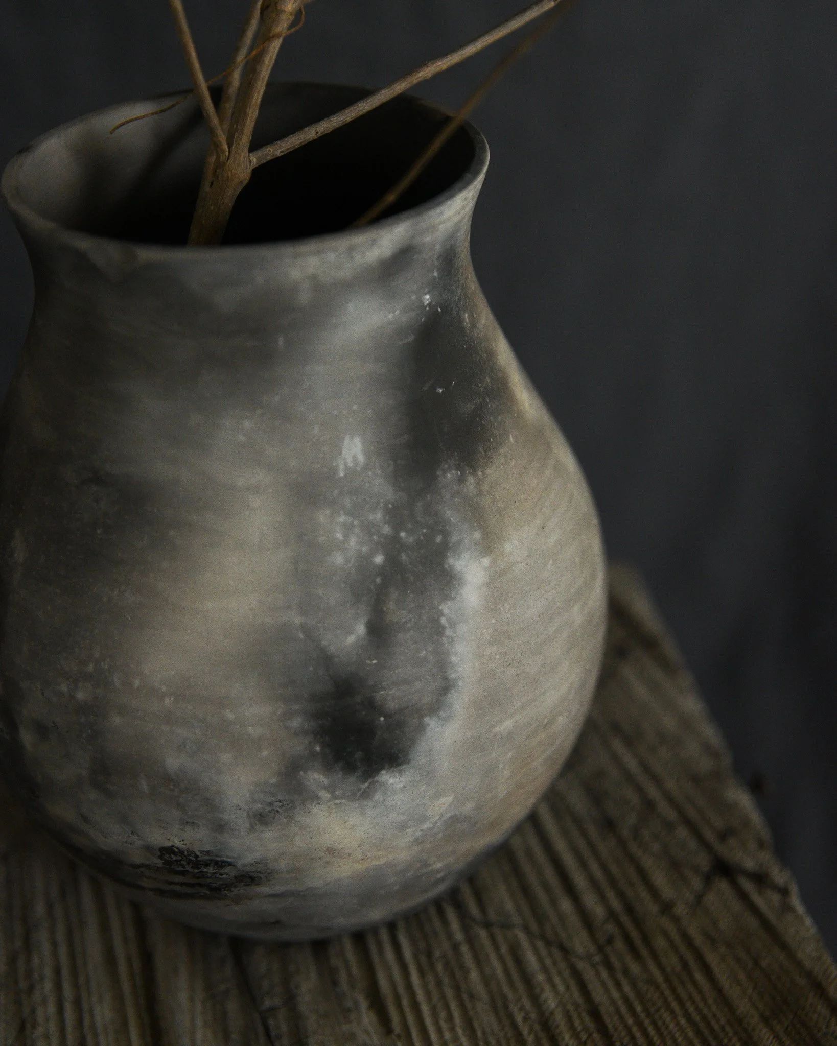 One-of-a-kind handmade ceramic vessel, contemporary wabi sabi with organic form and textured surface variation pit fired