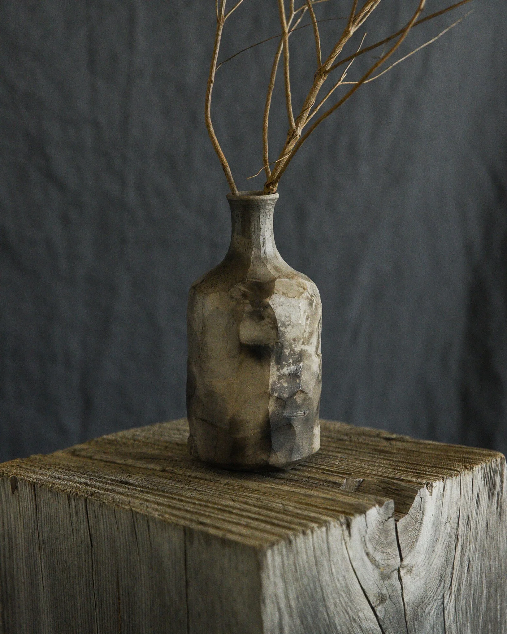 One-of-a-kind handmade ceramic vessel, contemporary wabi sabi with organic form and textured surface variation pit fired