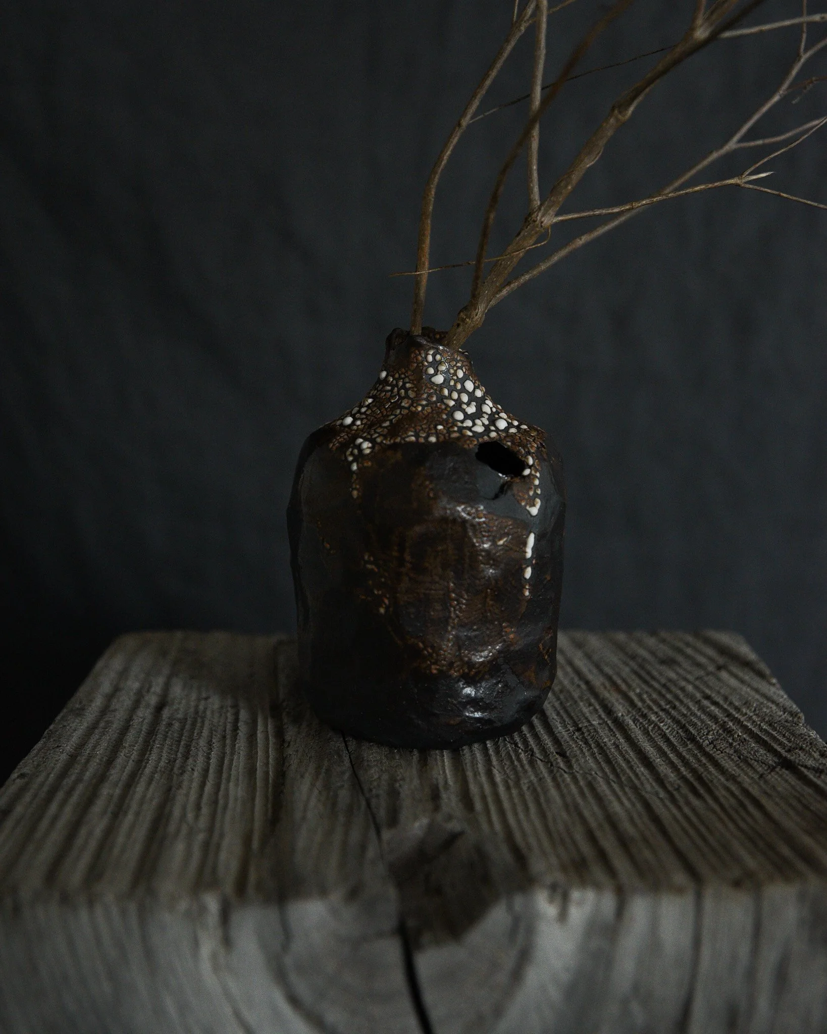One-of-a-kind handmade ceramic vessel, contemporary wabi sabi with organic form and textured surface variation black