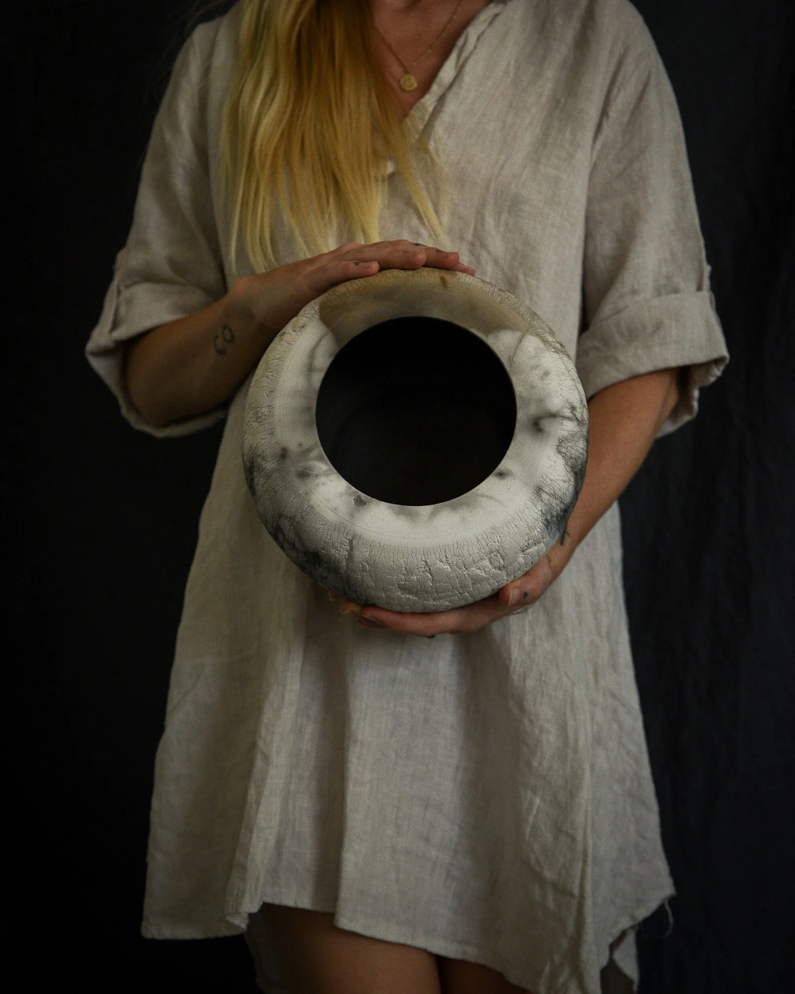 One-of-a-kind handmade ceramic vessel, contemporary wabi sabi with organic form and textured surface variation pit fired sodium silicate