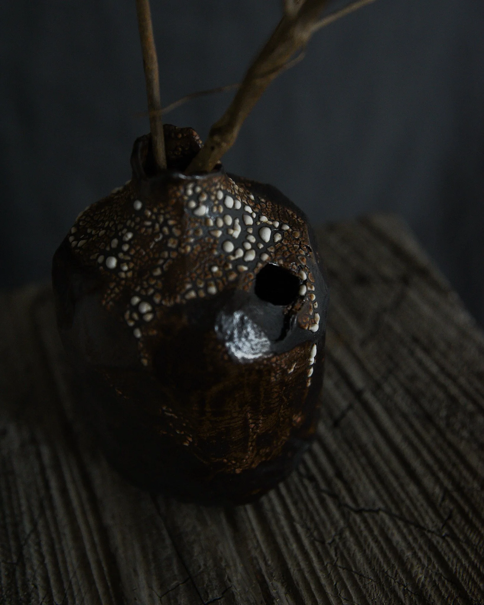 One-of-a-kind handmade ceramic vessel, contemporary wabi sabi with organic form and textured surface variation black