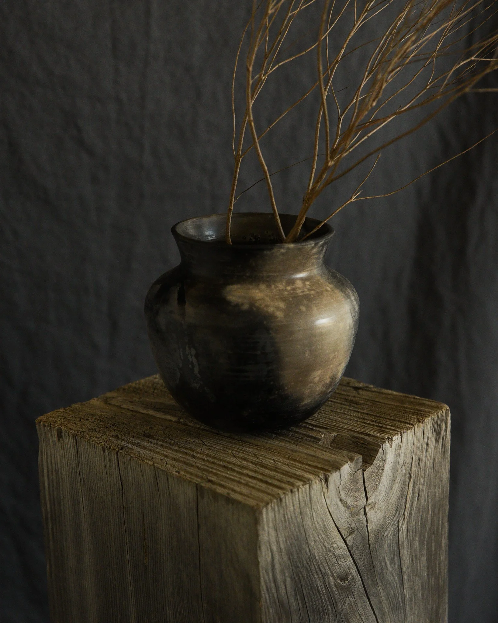 One-of-a-kind handmade ceramic vessel, contemporary wabi sabi with organic form and textured surface variation pit fired