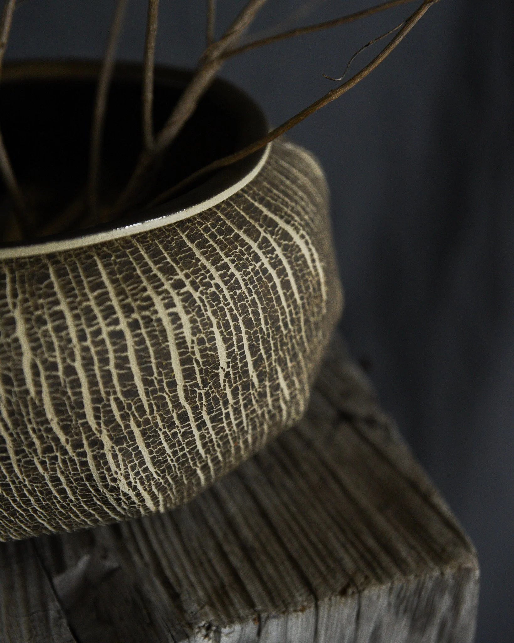 One-of-a-kind handmade ceramic vessel, contemporary wabi sabi with organic form and textured surface variation sodium silicate