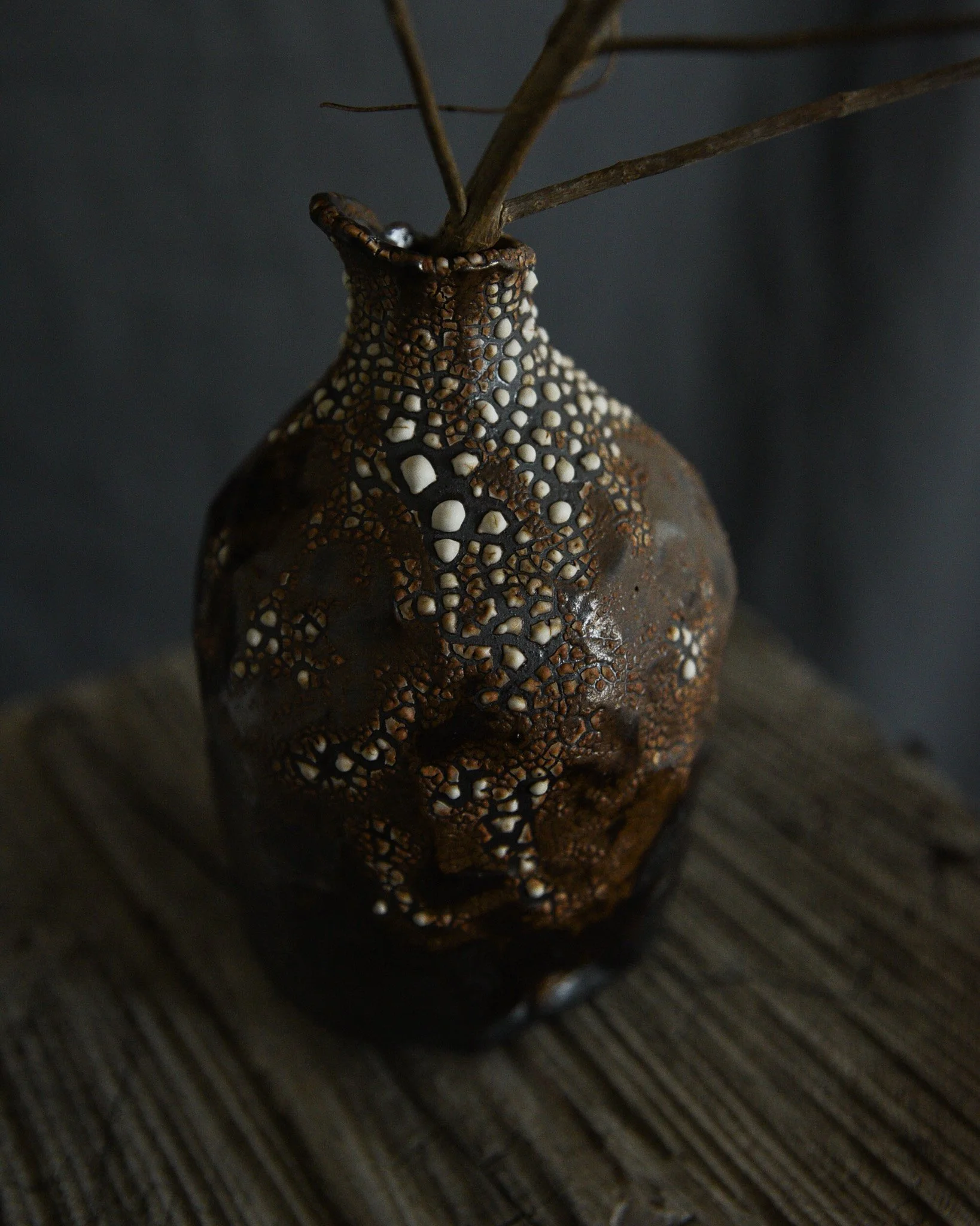 One-of-a-kind handmade ceramic vessel, contemporary wabi sabi with organic form and textured surface variation black