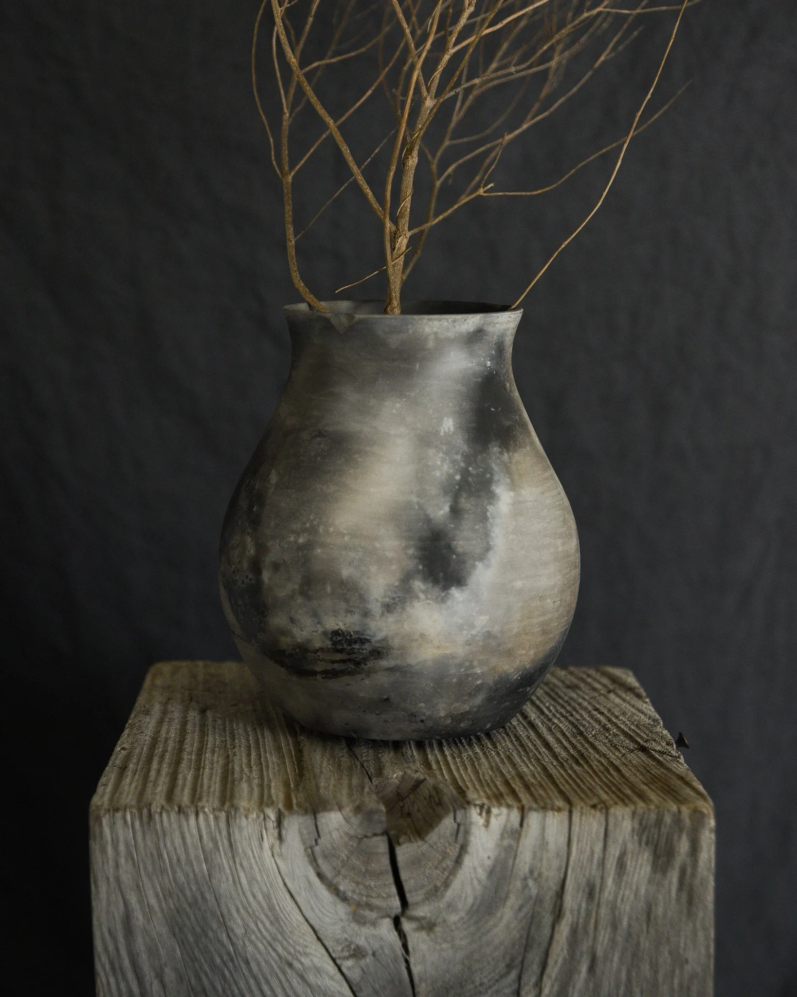 One-of-a-kind handmade ceramic vessel, contemporary wabi sabi with organic form and textured surface variation pit fired
