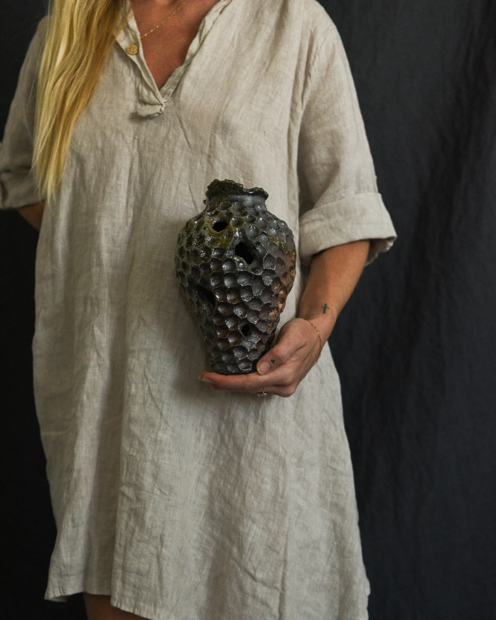 One-of-a-kind handmade ceramic vessel, contemporary wabi sabi with organic form and textured surface variation wood fired