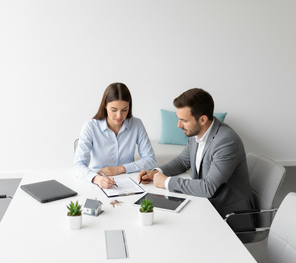 man and woman reviewing a business plan together in a modern office setting