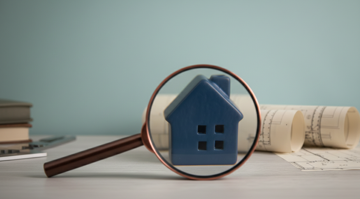 A house model is seen through a magnifying glass, creating a clear reflection of the structure within the lens