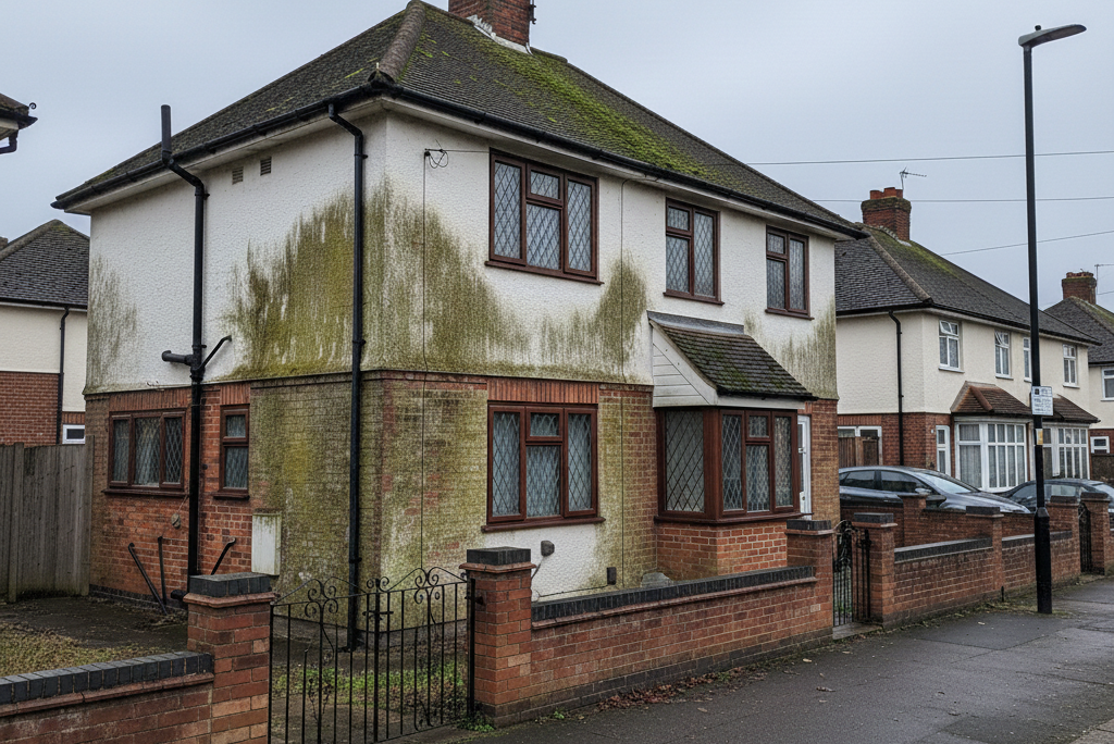 A suburban house surrounded by a fence, with a car parked in the driveway in front of it