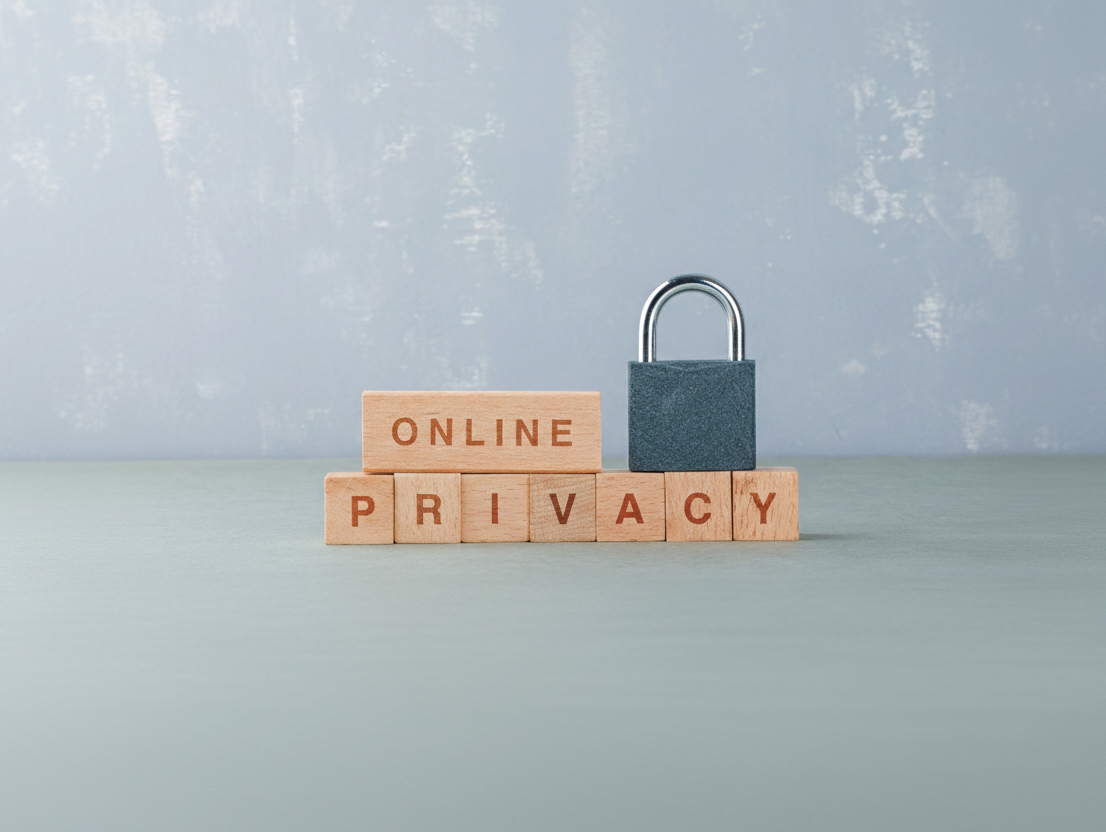 Online privacy concept featuring a padlock and bold letters emphasizing the importance of digital security