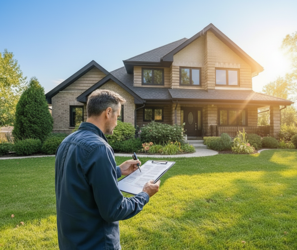 A real estate agent stands in front of a house, holding a clipboard and smiling confidently