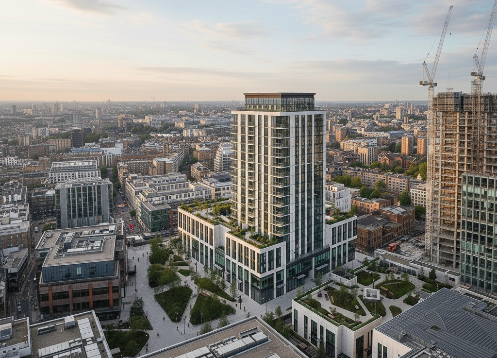 Tower block in London's West End, showcasing modern architecture amidst the bustling urban landscape