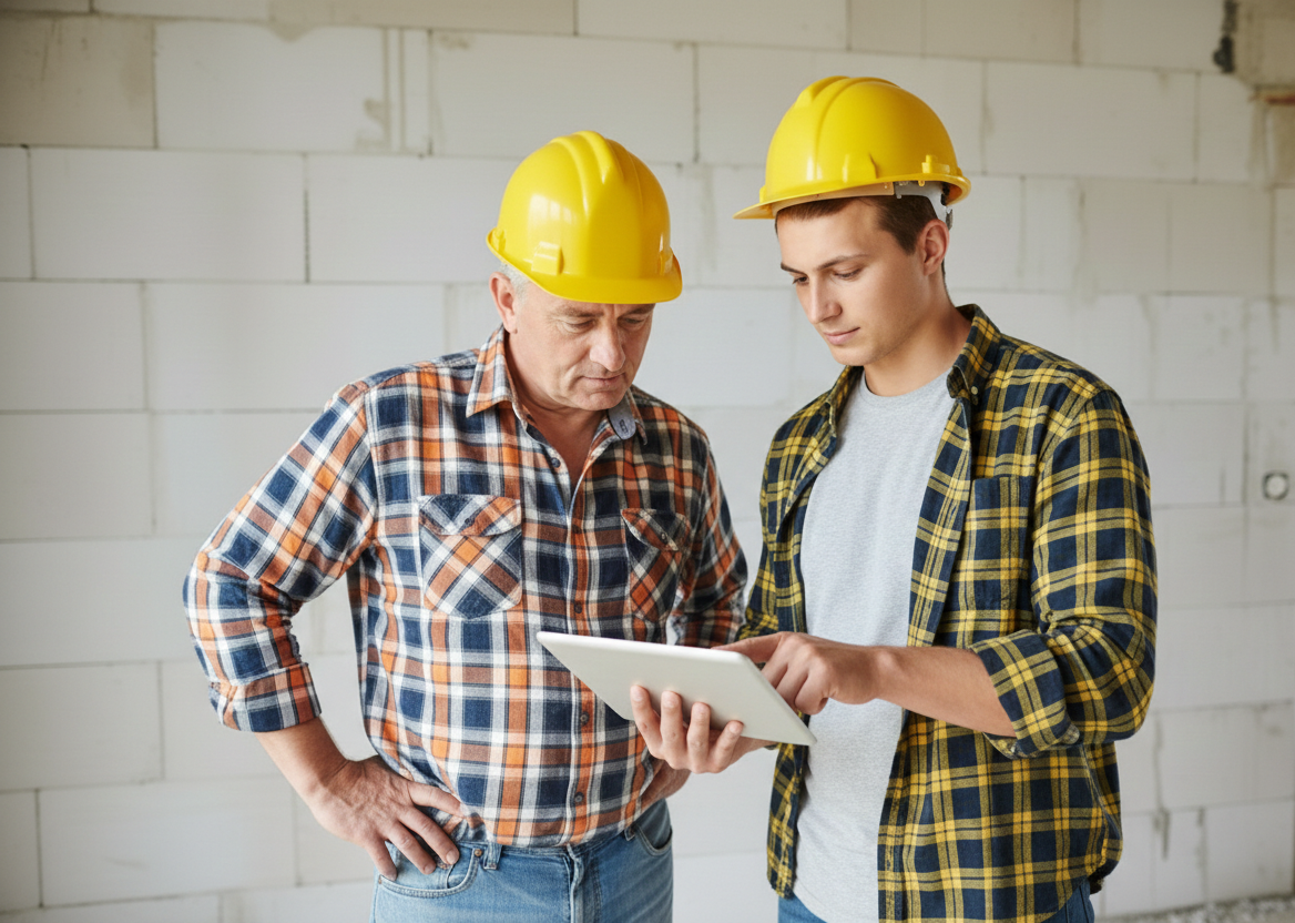 Two men in hard hats examining a tablet, discussing plans on a construction site