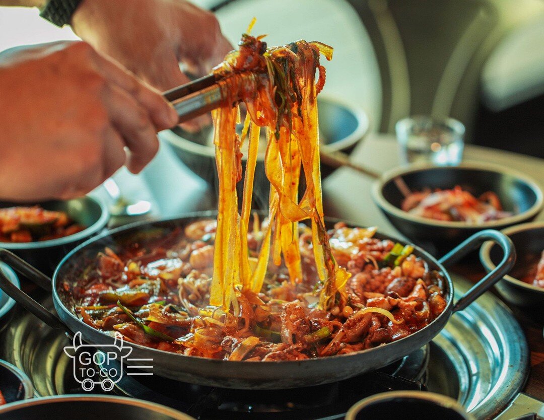 Korean glass noodles in &quot;Octopus, Gopchang &amp; Shrimp Casserole (낙곱새)&quot; is the highlight of this hearty stew loaded with octopus, cow intestines, tripe, beef, shrimp and vegetables. It's savory and spicy&mdash;a perfect anju for soju.
