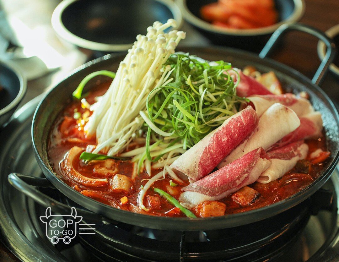 Cure your Monday Blues with the ultimate comfort food &quot;Beef Brisket Casserole (차돌 짜글이)&quot; to-go at Gopchang Story Flushing. It's a hearty, spicy beef soup made with thinly sliced beef briskets, cow intestines, lots of scallions, bean sprouts 