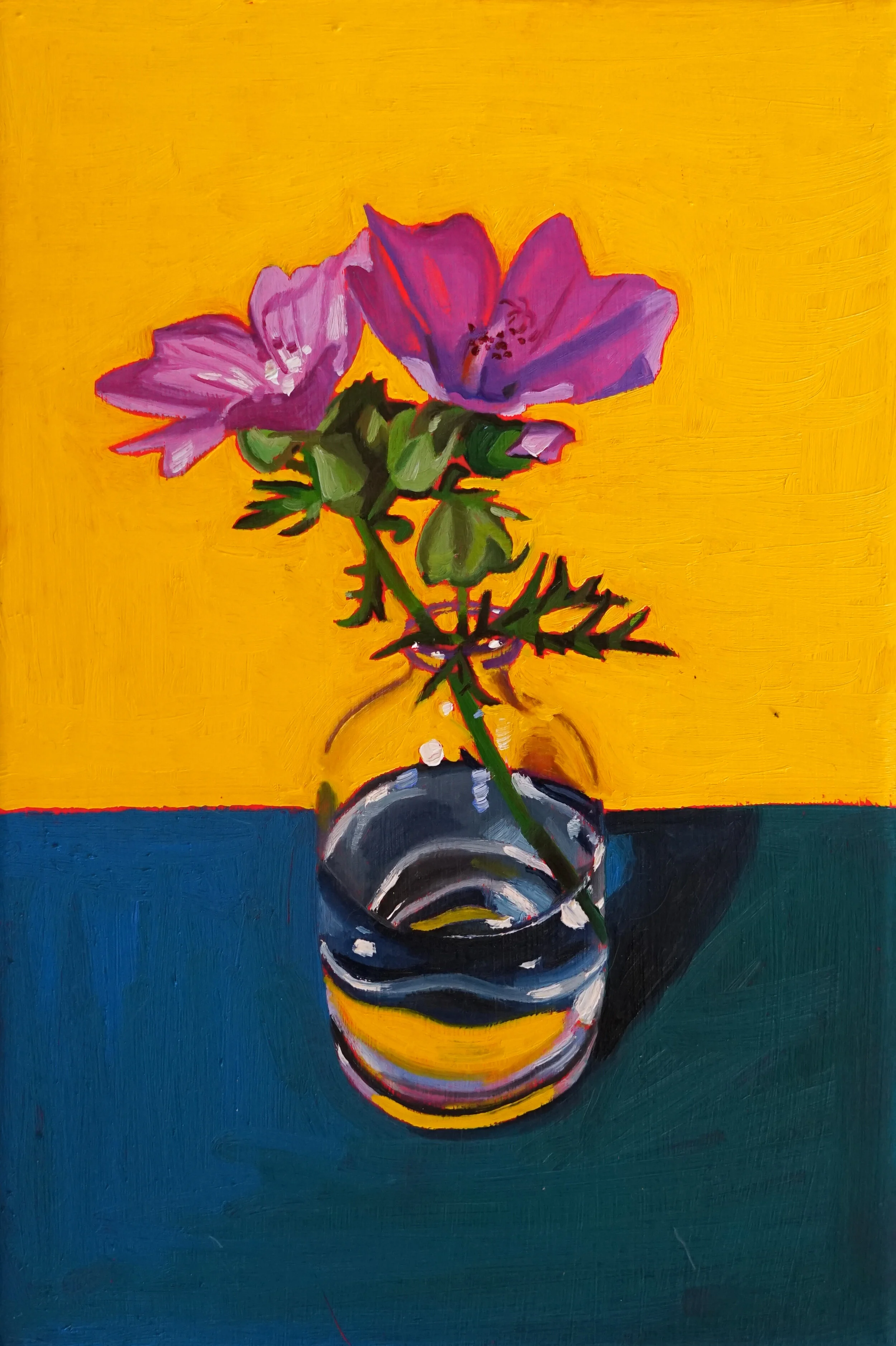   Purple Mallows on Saffron Yellow,  2019   Oil on canvas  20 x 30cm 