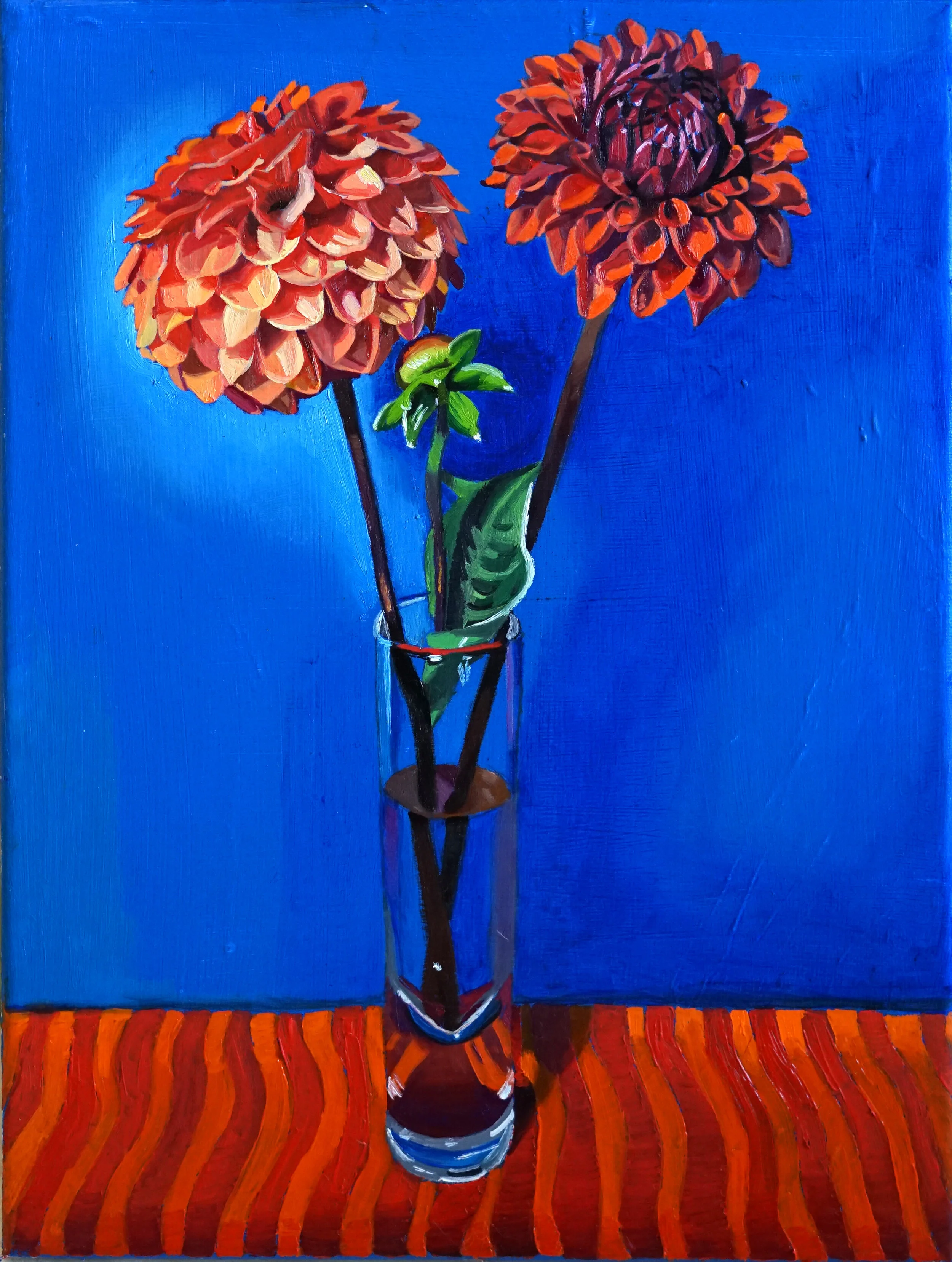   Reddish Dahlias on Bright Blue,  2019  30 x 40cm  Oil on canvas  £365     Enquire    