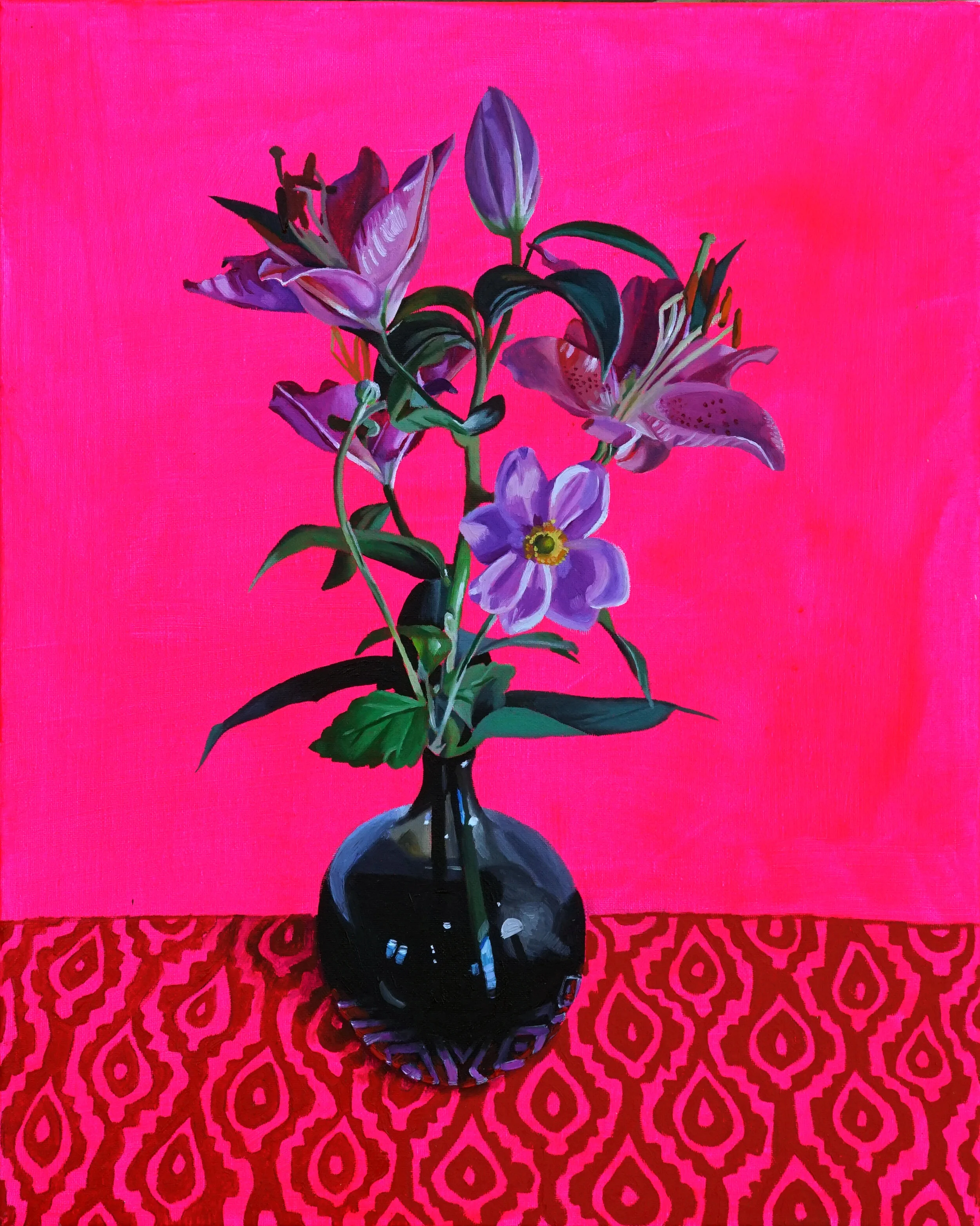   Lilies in Black Vase,   2019   Oil and acrylic on canvas  40 x 50cm  Sold 