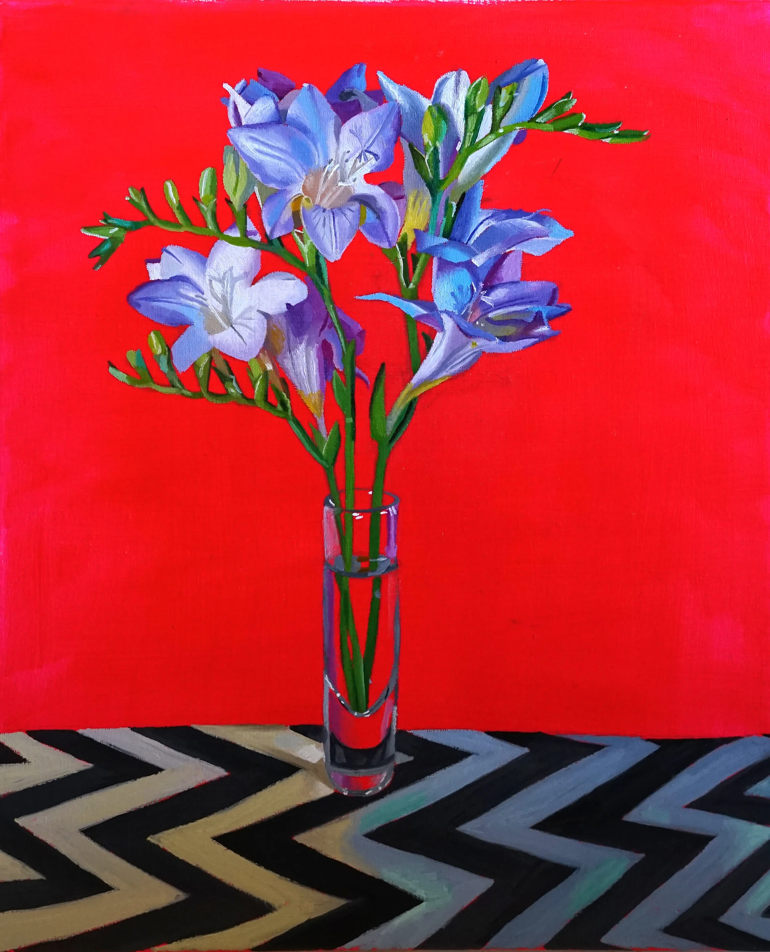   Mauve Freesias,  2019  Oil and acrylic on canvas  40 x 50cm 