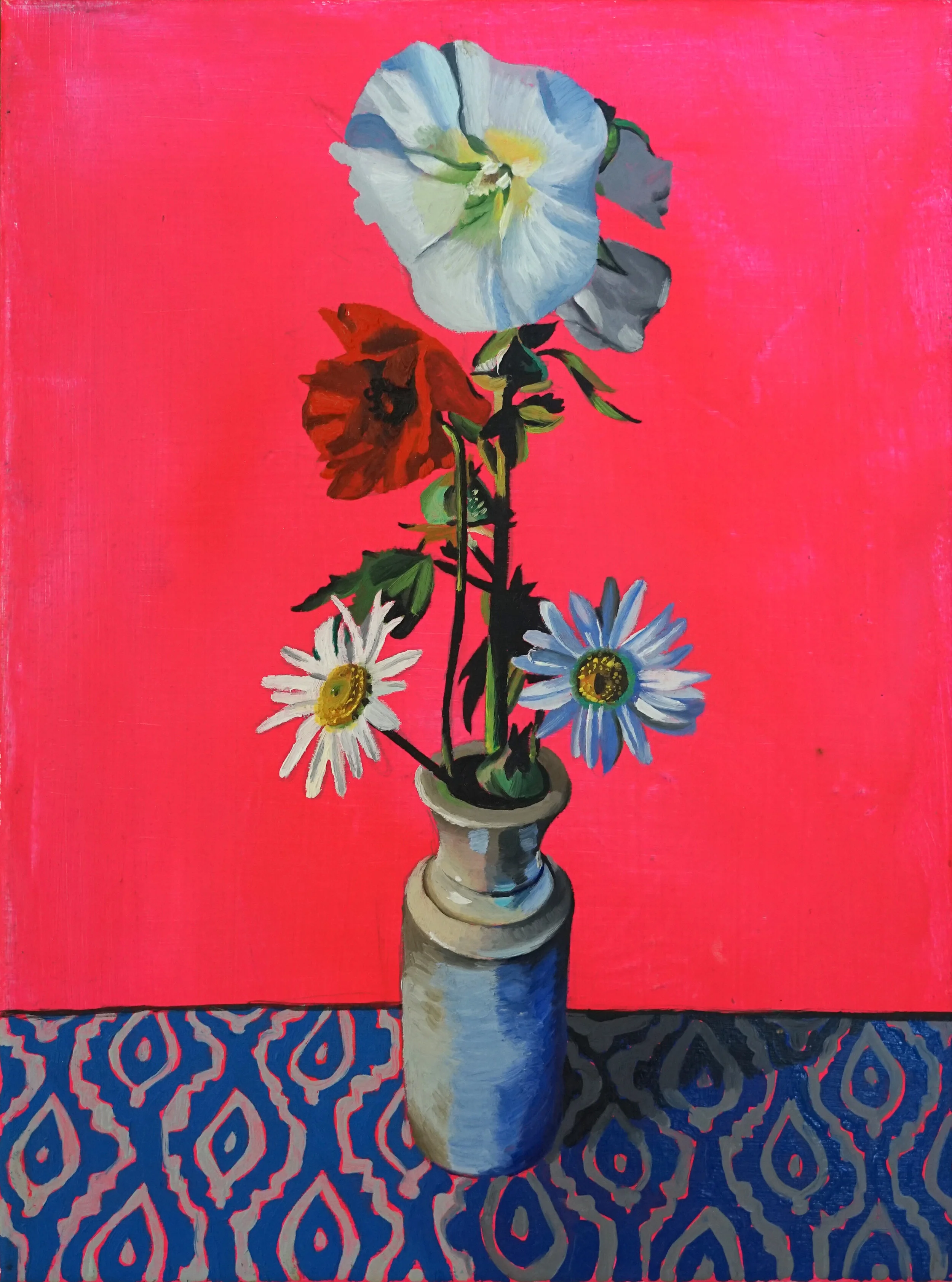   Hollyhock and Poppy on Pink, 2019   Oil and Acrylic on Canvas  30 x 40 cm 