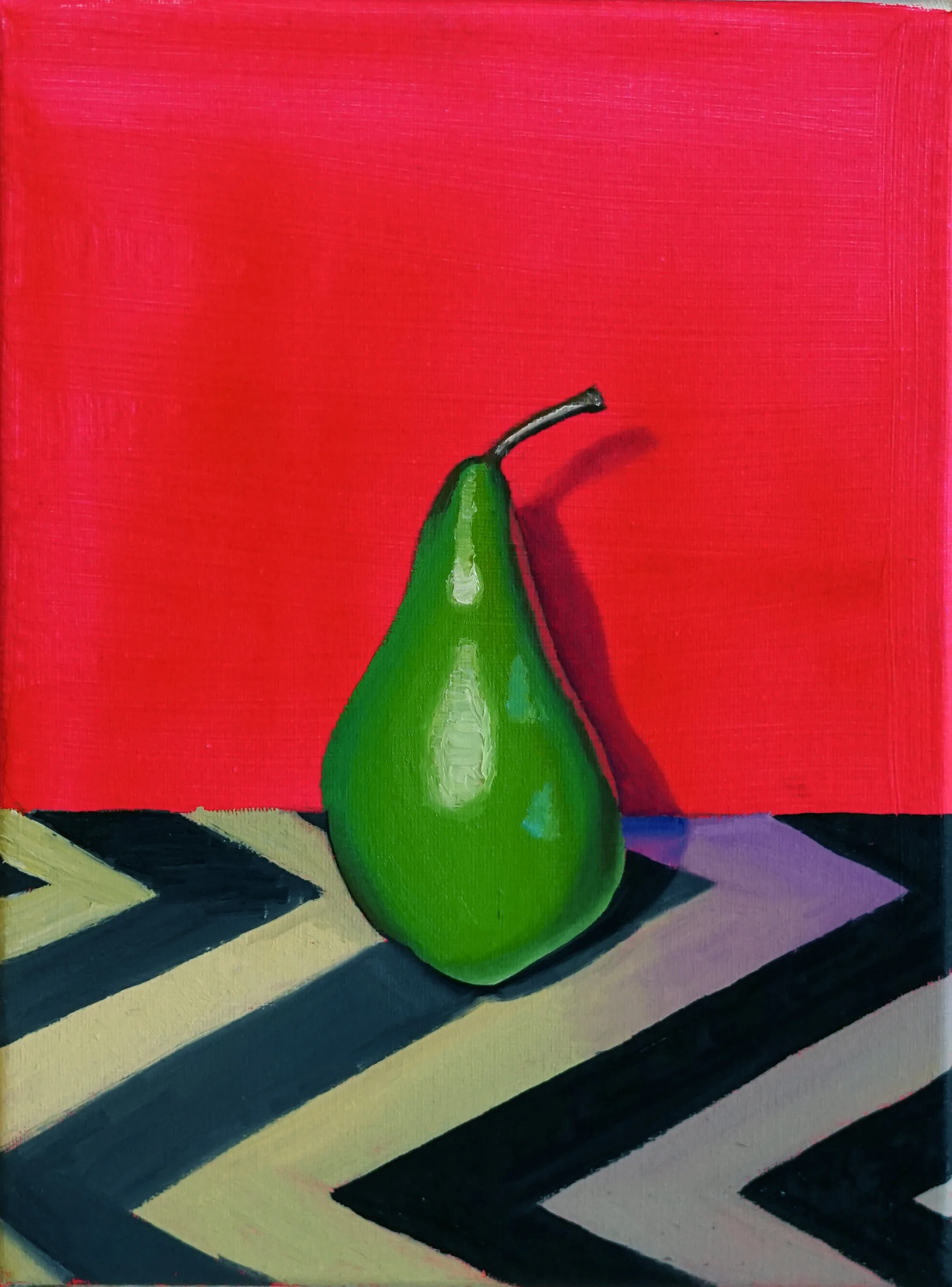   Green Pear on Ikat ,  2020   Oil and acrylic on canvas   23 x 31 cm 