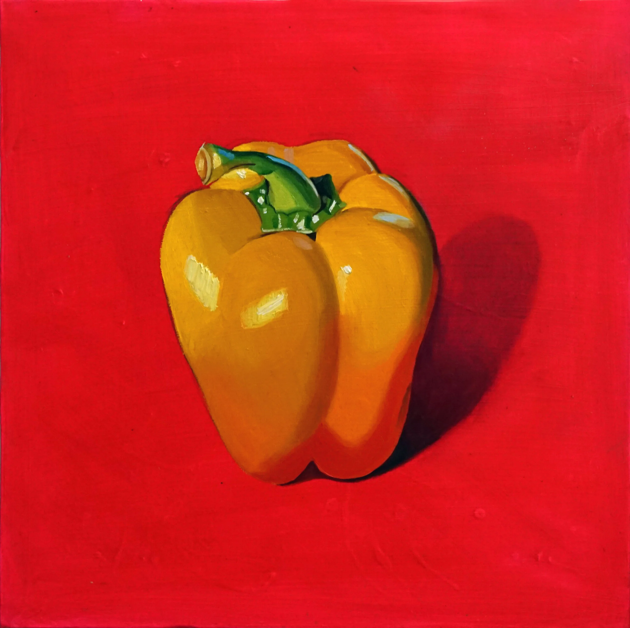   Yellow Pepper on Fuchsia Pink ,  2019   Oil and acrylic on canvas  40 x 40 cm 