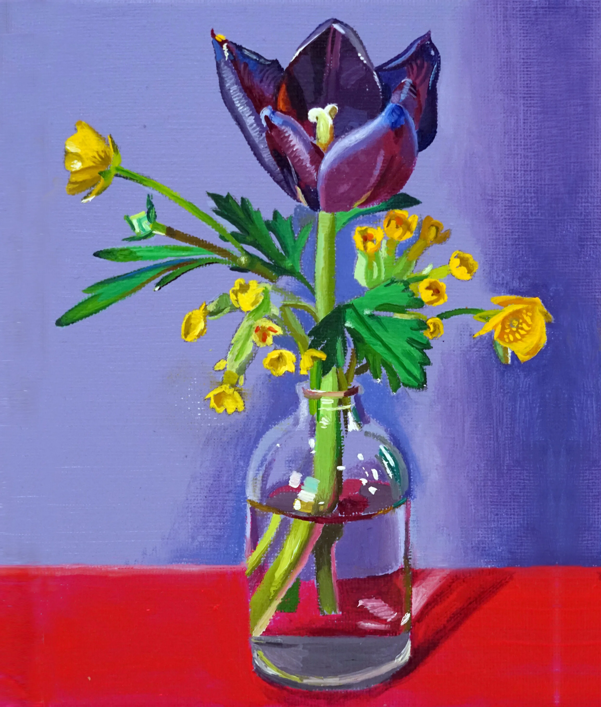   Tulips with Cowslips and Buttercups, 2019   Oil and acrylic on canvas  12.5 x 17.5 cm 