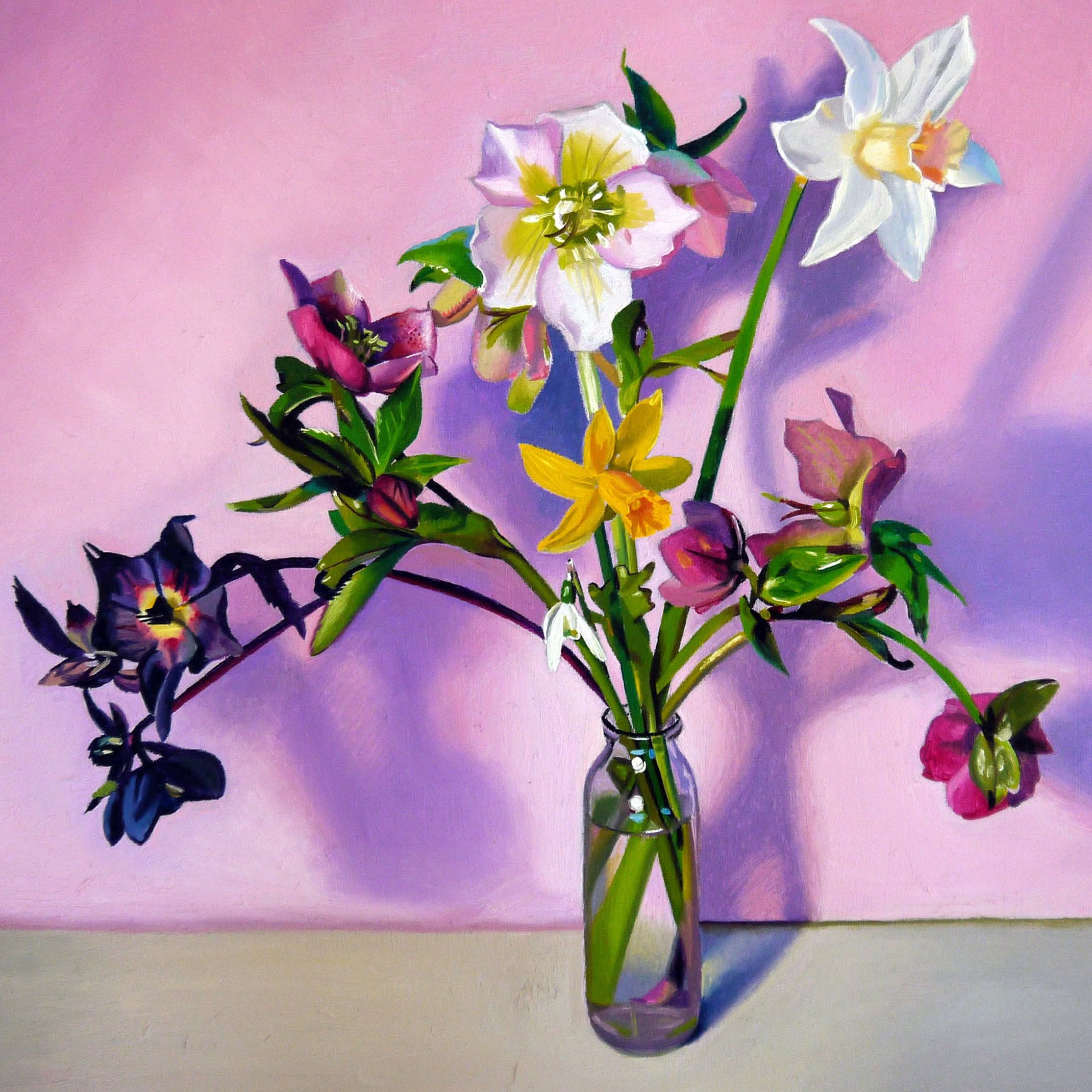Hellebores and Daffodils, oil on canvas, 40 x 40 cm