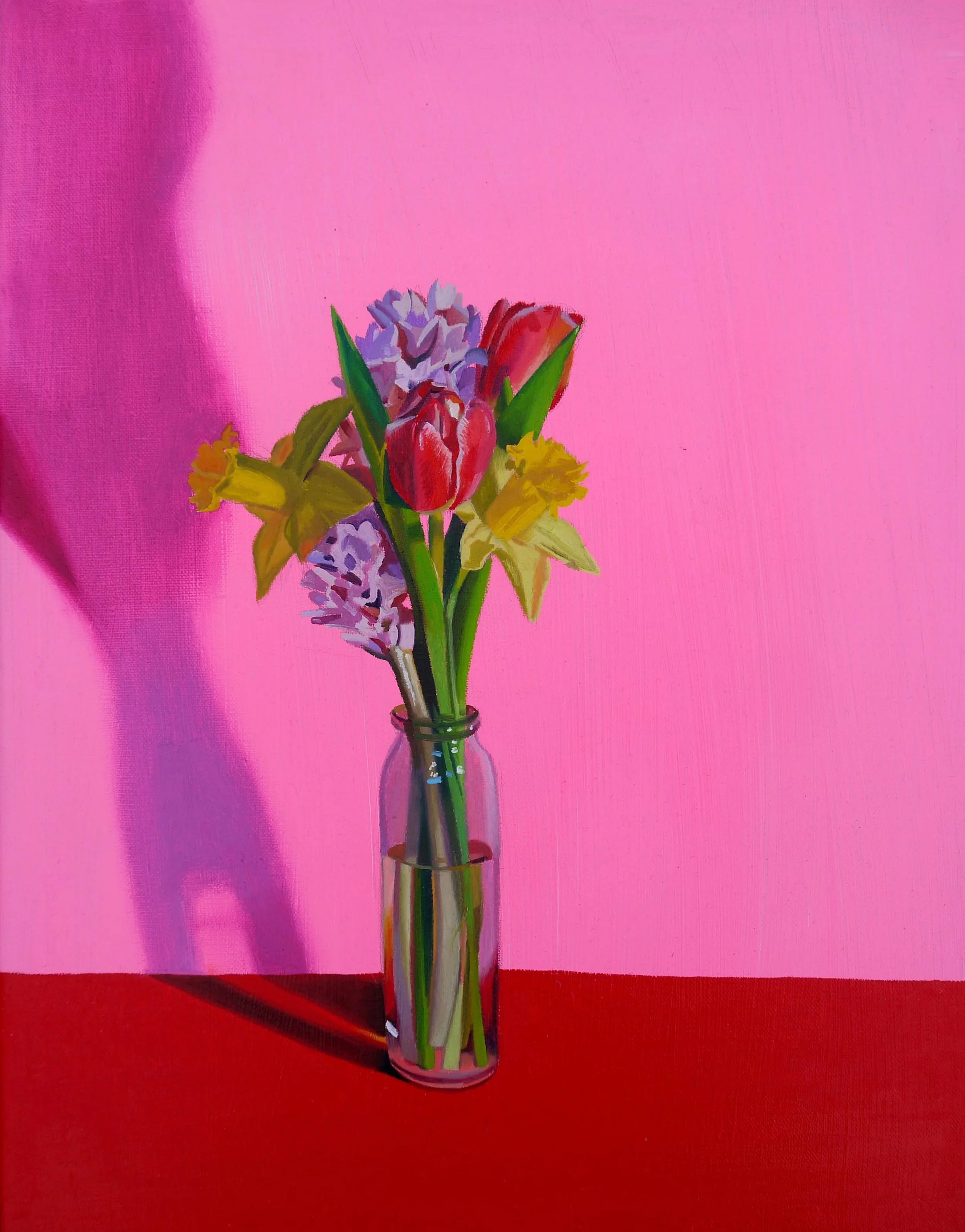 Tulips and Daffs on Pink, oil on canvas, 35 x 45 cm