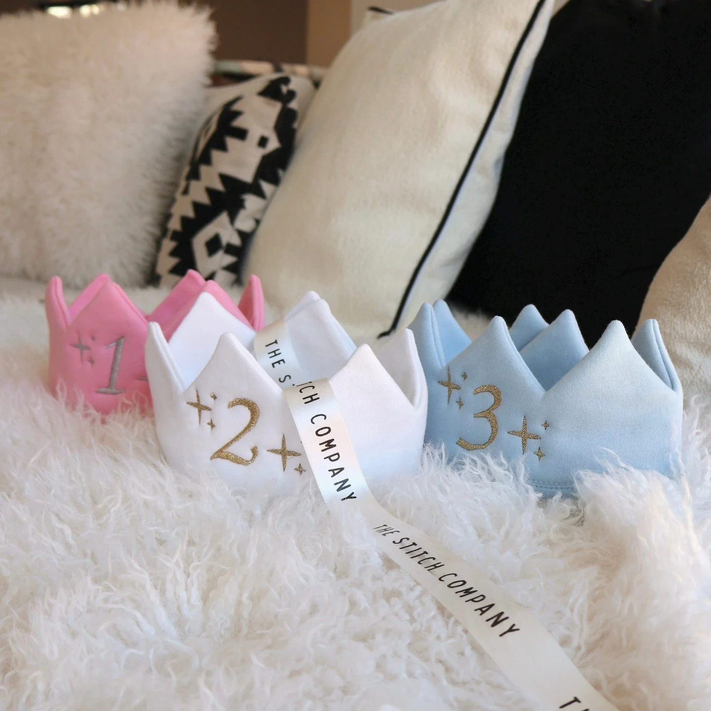 Introducing the birthday crown collection to the grid 👋 ⁠
⁠
Available in pink, blue and white with a variety of thread colours to choose from 🪡 Hats are suitable for children up to 6 years 💝 ⁠
⁠
 #TheStitchCompany  #KidsBirthdayDecor  #KidsPartyUK