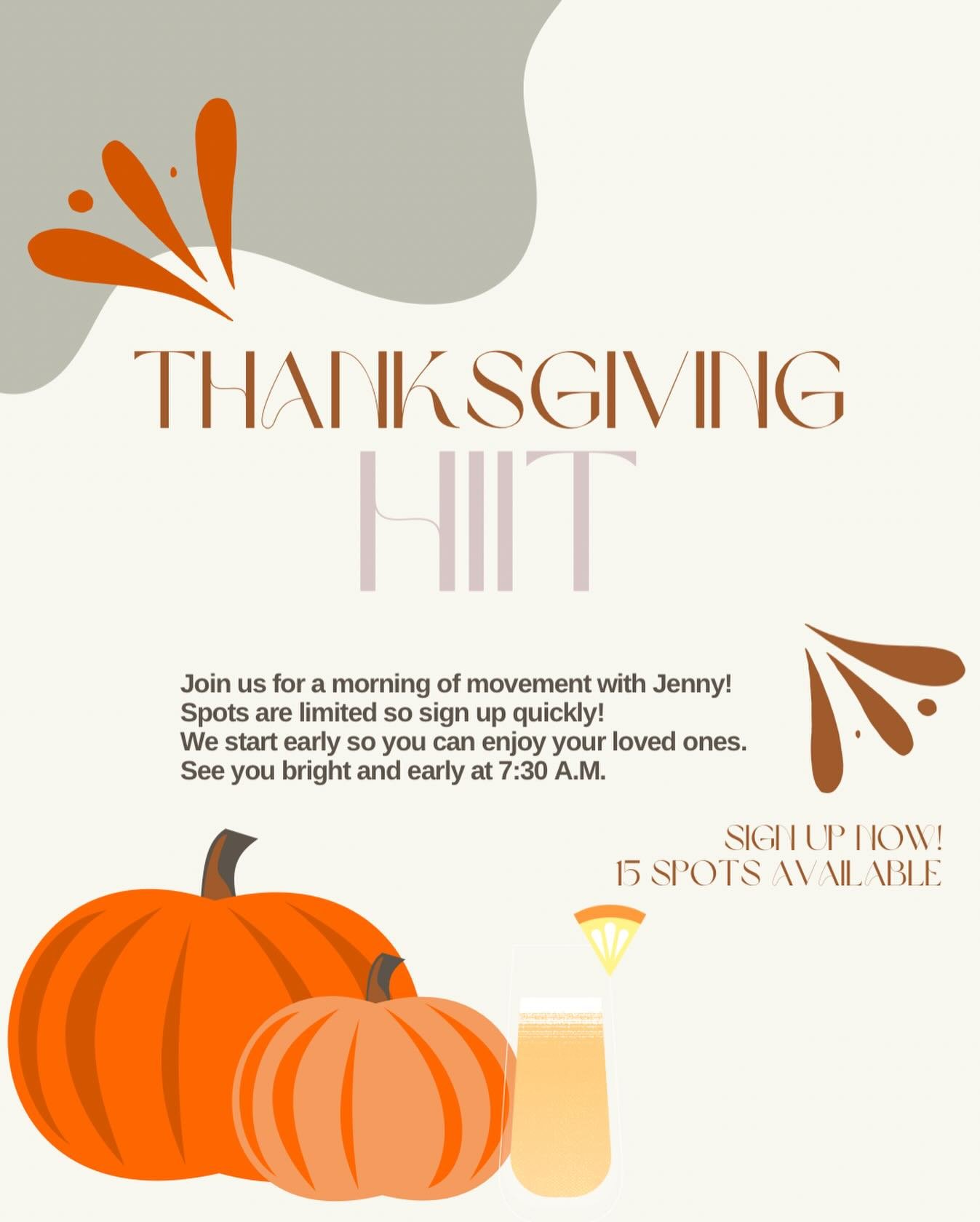 THANKSGIVING CLASS AVAILABLE with @ms.awesome_knoxrocks ! Join us bright and early for a 55 min. HIIT workout before your feast. We start at 7:30 A.M. and spots are limited! Sign up via MindBody!