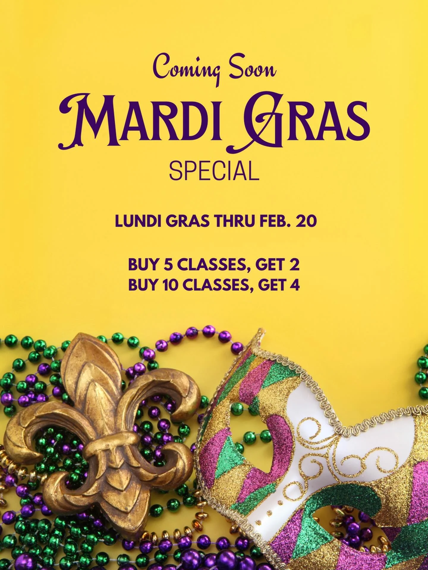 🎭 Signature throws aren&rsquo;t  the only thing you should be catching this Carnival season. 

From Lundi Gras through Friday, Feb 20:
✨ Buy 5 classes, get 2 FREE
✨ Buy 10 classes, get 4 FREE

Limit one non-equipment + one equipment package per pers