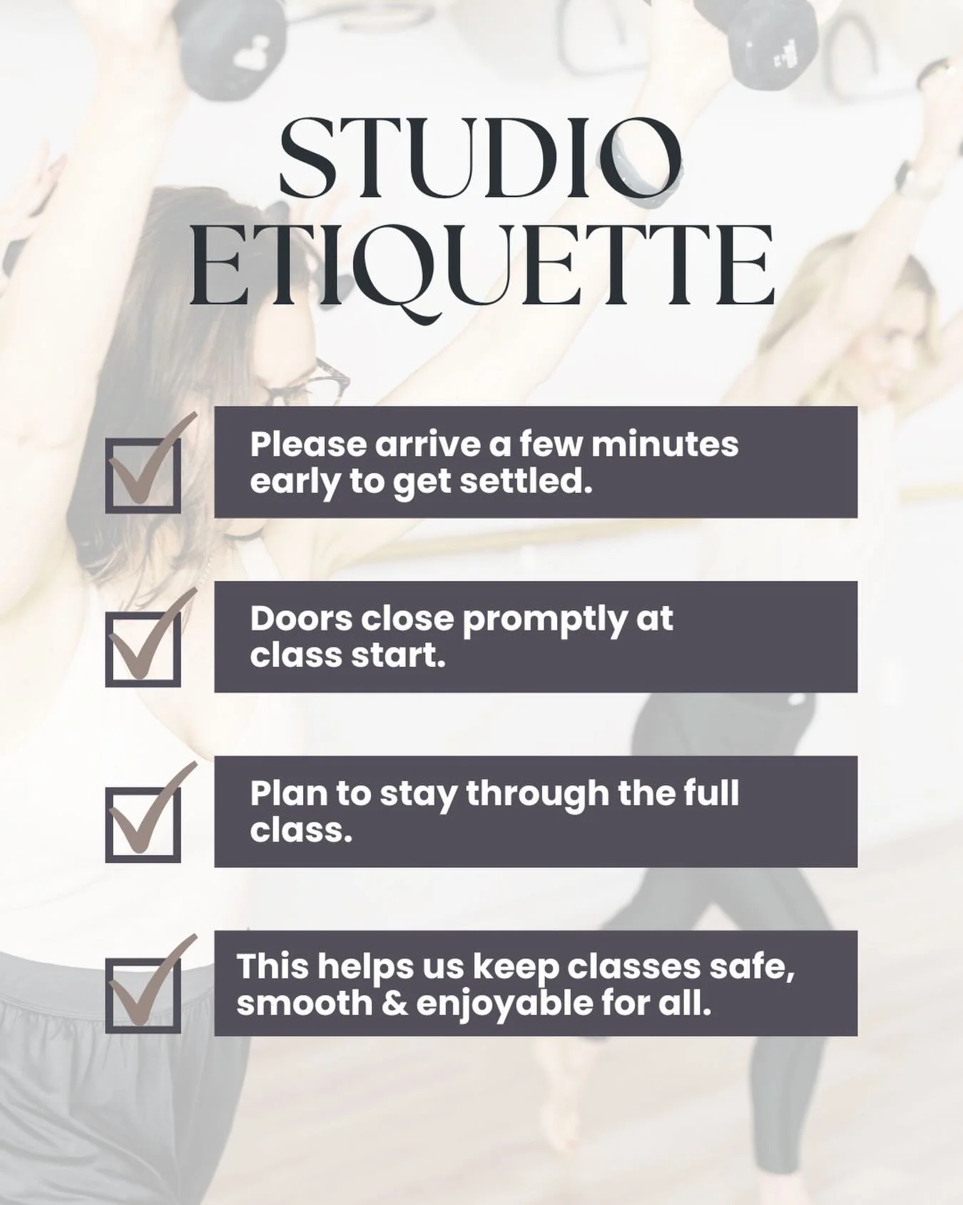 A gentle reminder for our Sculpt community ✨

A few small things make a big difference&mdash;arriving early, settling in before class begins, and staying through the final stretch.

Arriving on time and staying through the full class helps us create 