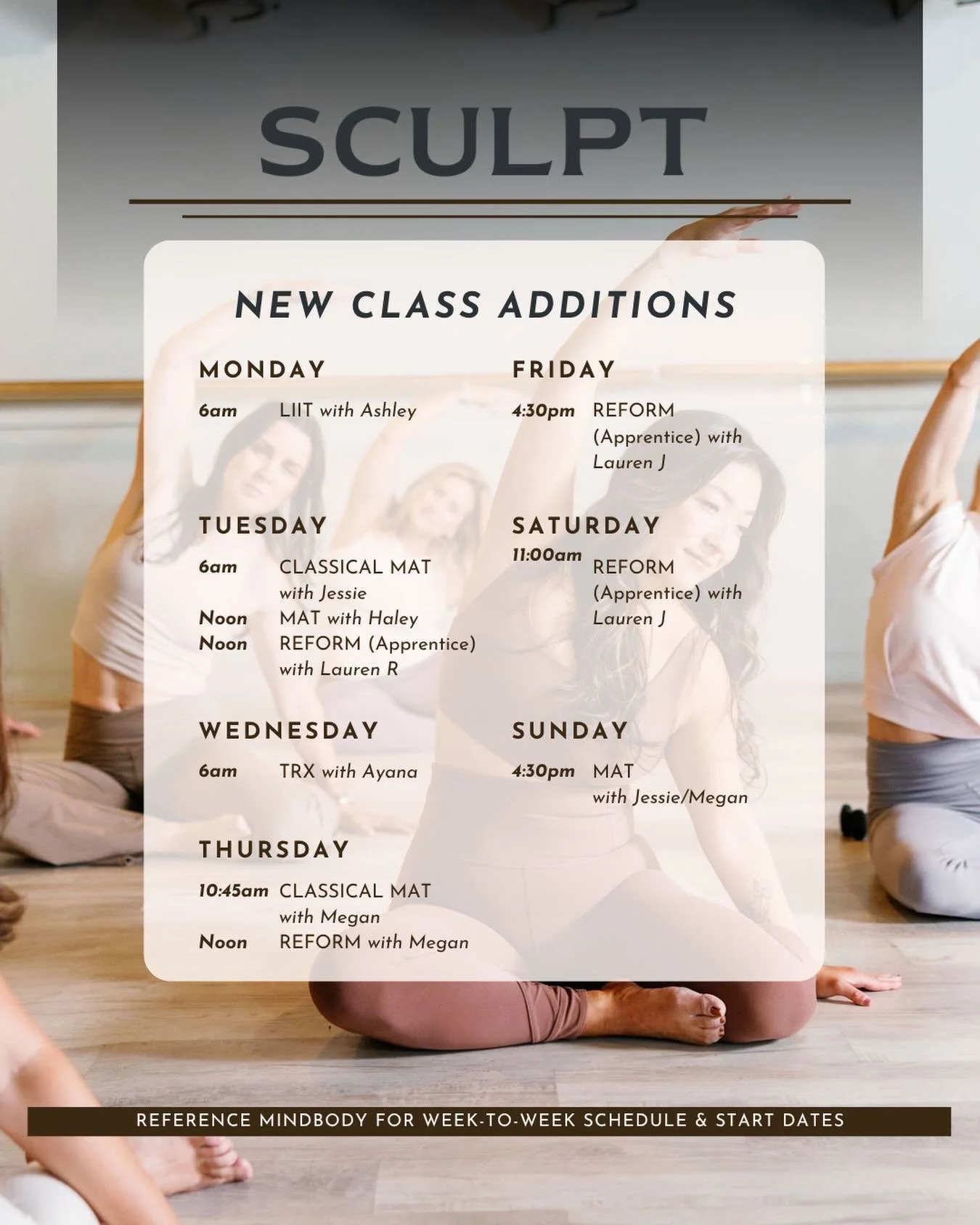 BIG things are hitting the Sculpt schedule 👀✨
We&rsquo;ve added a ton of new classes to keep your movement fresh, fun, and challenging. Make sure to check MindBody for each class&rsquo;s start date.

New formats. New instructors. New ways to sweat.
