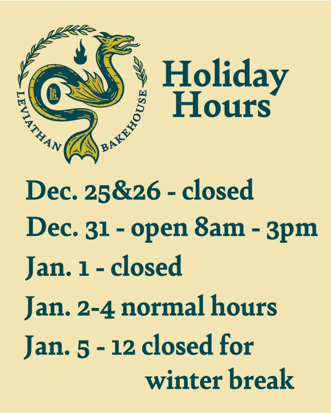 Wanted to keep you in the loop about our holiday hours. We'll be taking some time off here and there in the coming weeks, including a week-long break in early January to recharge for 2026. Happy holidays!