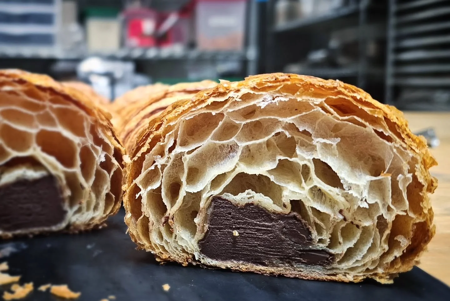 Crumb check on our pain au chocolat. That honeycomb is looking perfect!