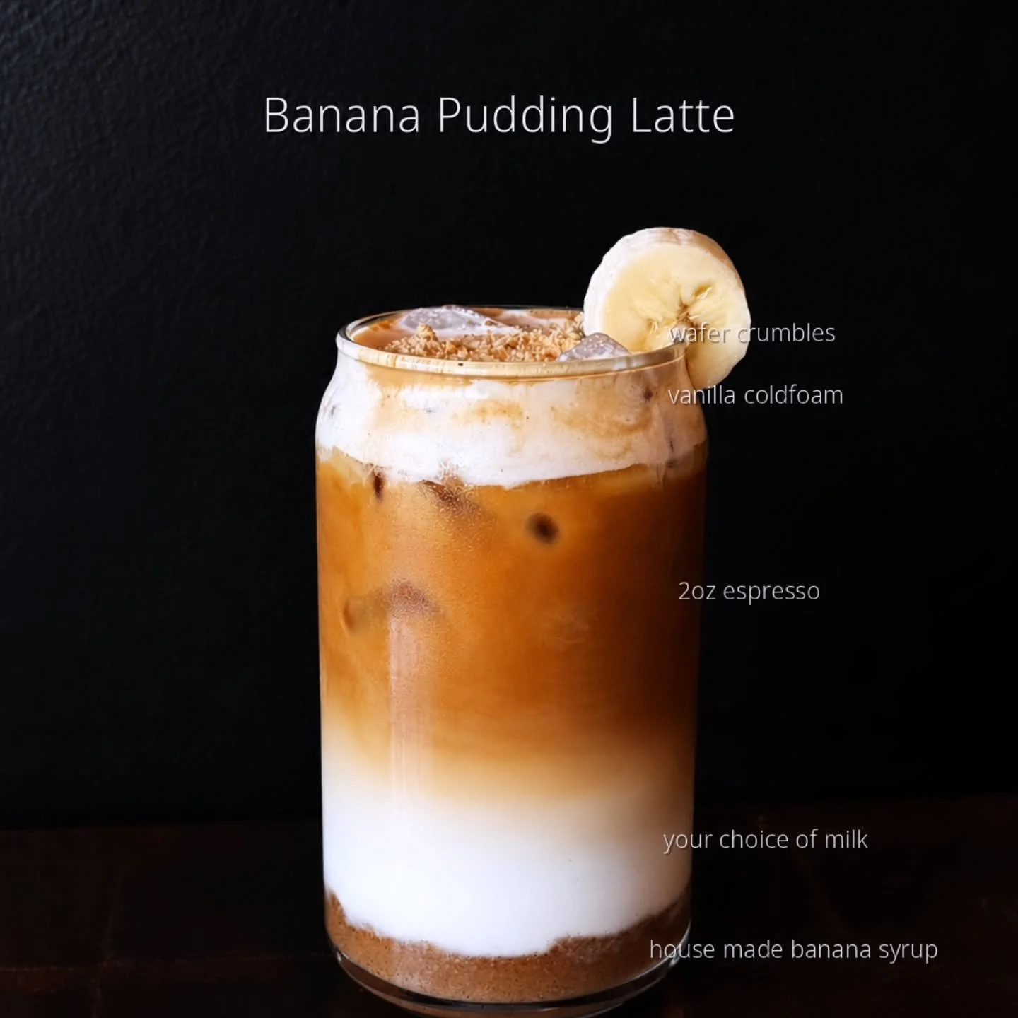 Check out this new latte @jo.andher.os put together for you, Indy. This banana pudding latte packs an awesome all natural punch from our house made syrup. Add you&rsquo;re choice of milk, 2oz espresso, vanilla coldfoam, and topped with wafer crumbles