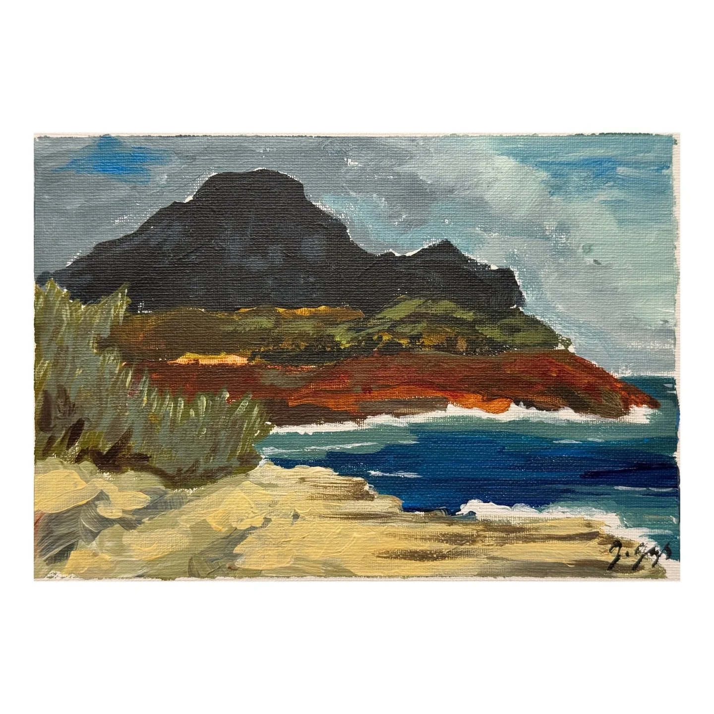 Mahaulepu - A beautiful and ancient place on Kauai. A destroyer of rental cars. This morning I threw some paints in a grocery bag and walked out to a lookout point with our three year old and the grandparents. I then speed painted this landscape whil