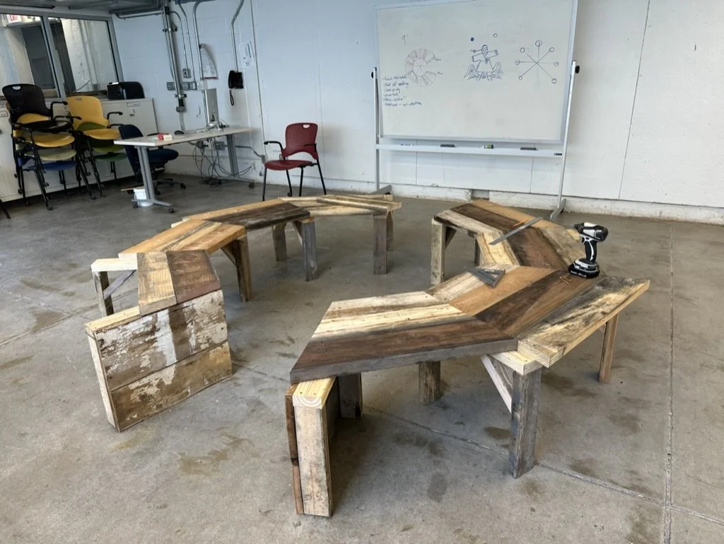  Re-purposed wood table in construction. 